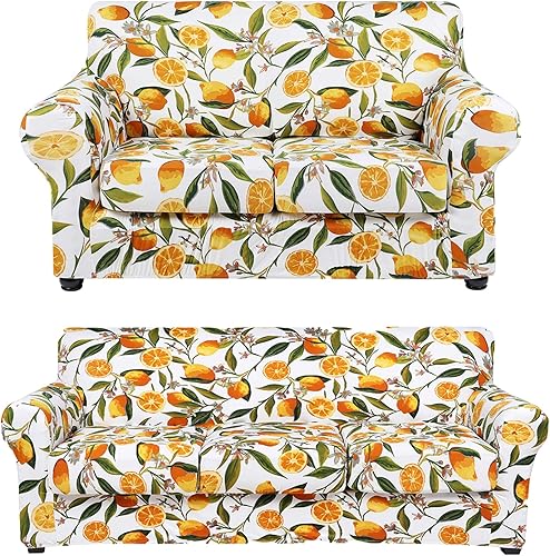 Fundas de sofá elásticas impresas para sofá de 3 cojines (182 a 89.8 in, limón) paquete de fundas de sofá para 2 cojines de sofá (147 a 71.7 in),