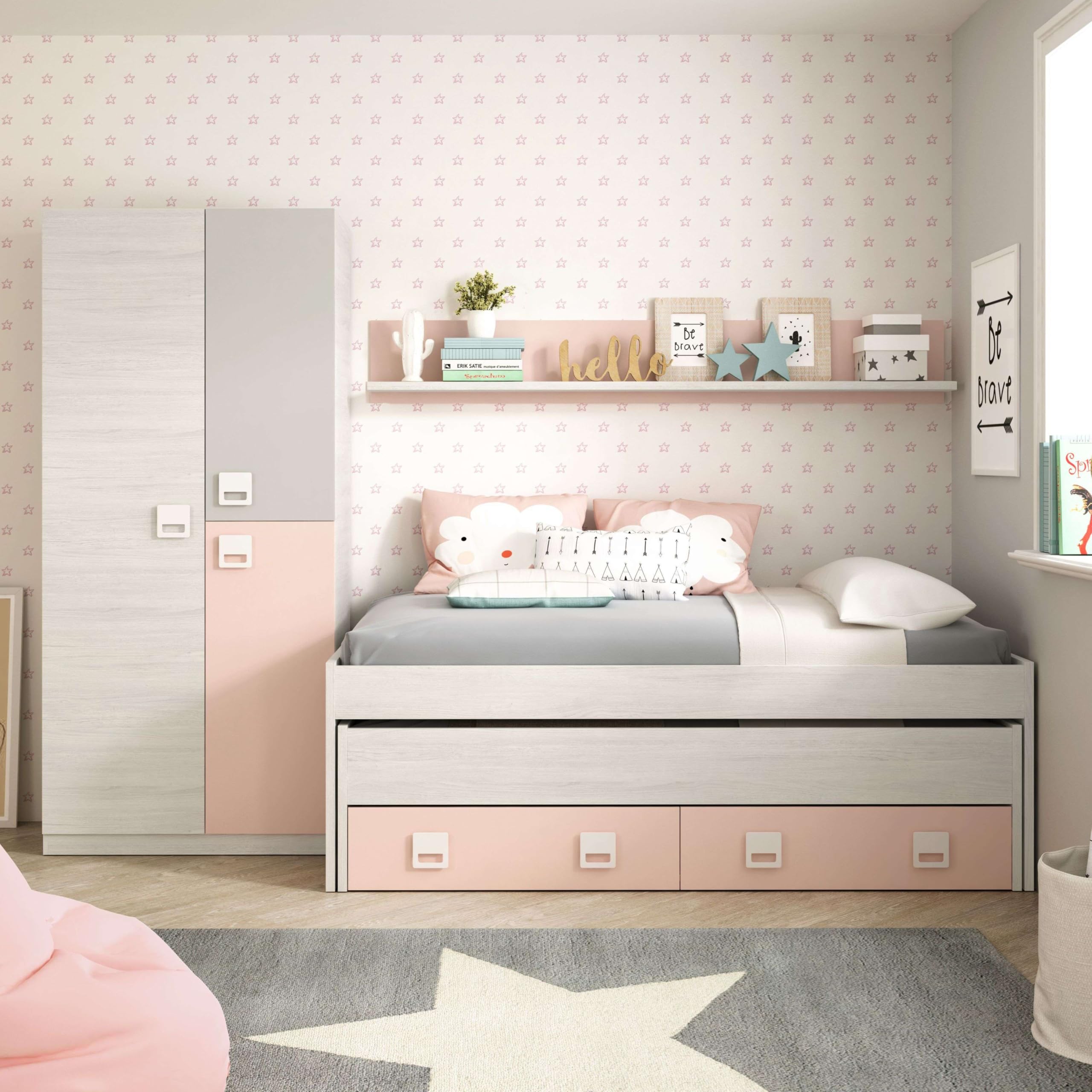 Pack Dormitorio Infantil, Juvenil, Cama Nido + Armario Ropero y Estante Rosa y Blanco