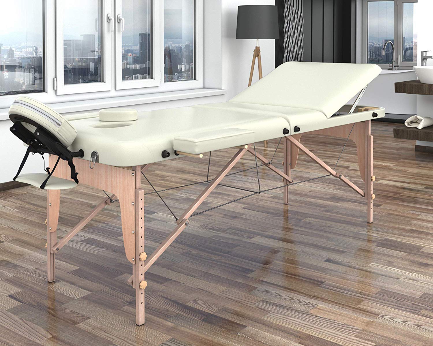 LETTINO MASSAGGIO PROFESSIONALE 3 ZONE, LETTINO ESTETISTA IN LEGNO - LETTINI PER DA MASSAGGI PORTATILI PIEGHEVOLI COD-02 (180 X 56, PANNA)
