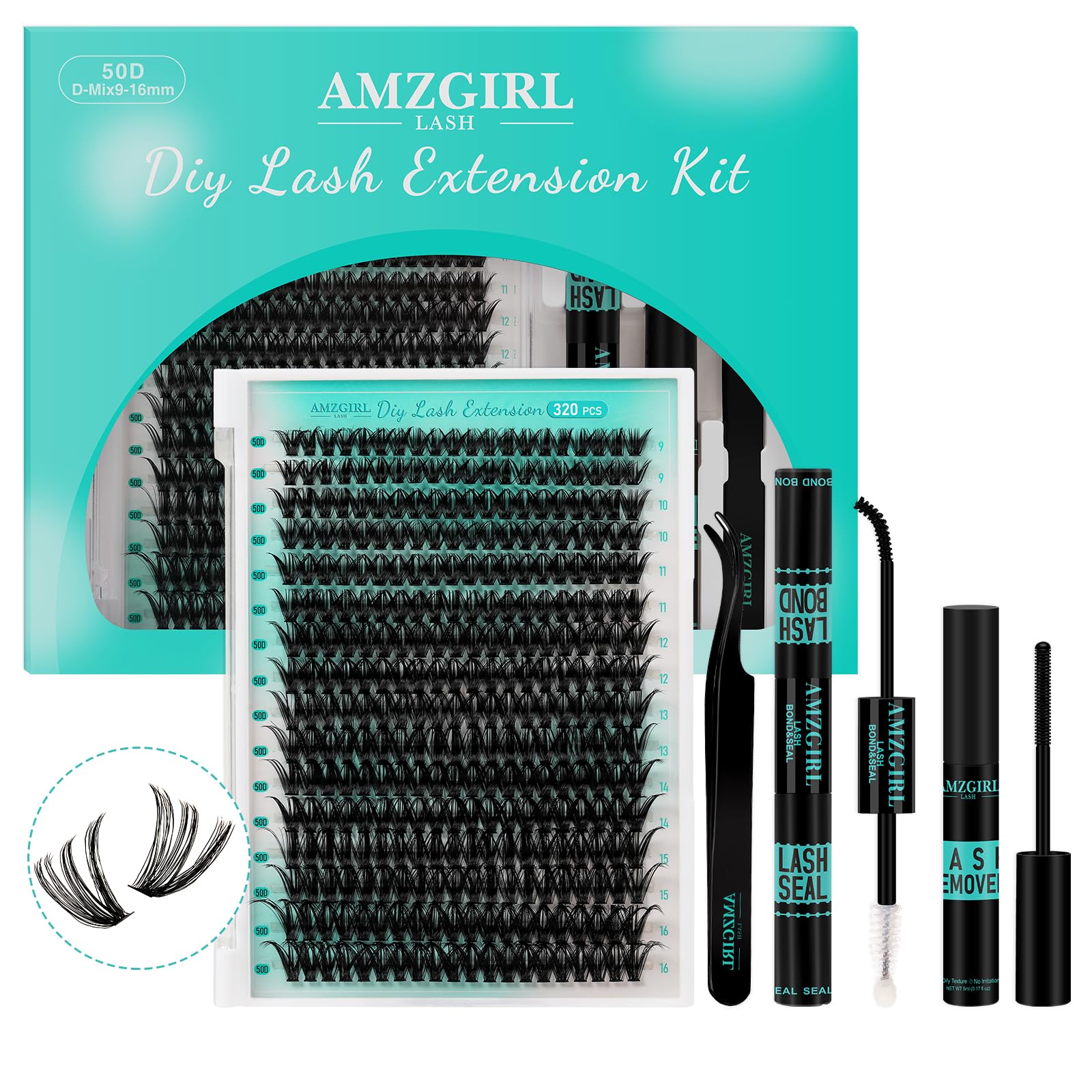 Kit per l'estensione delle ciglia, 320 pezzi, kit fai-da-te per i singoli gruppi di ciglia, per la legatura e la sigillatura delle ciglia, per la rimozione delle ciglia per le(50D, kit 9-16 mm)