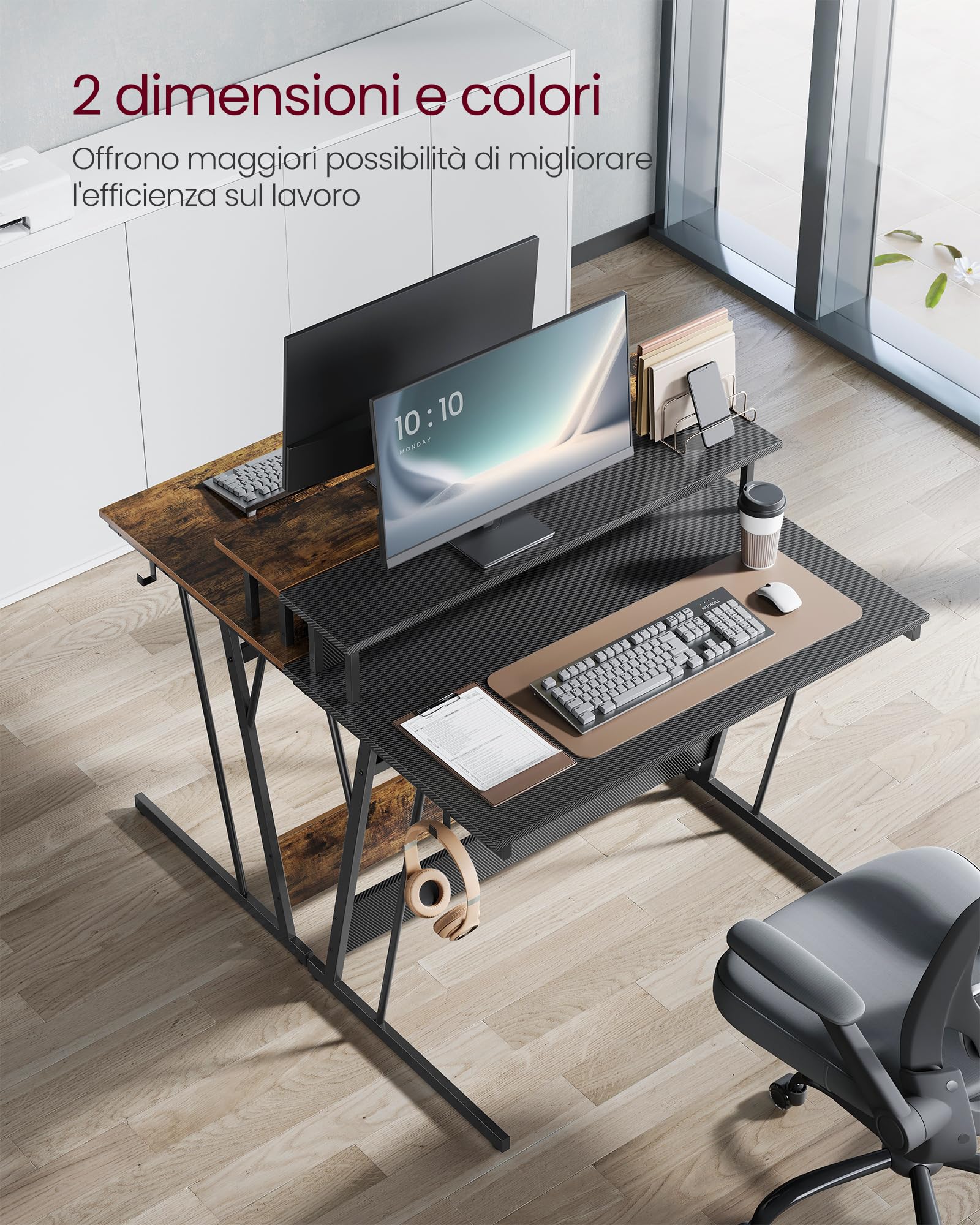 VASAGLE Scrivania da Gaming con Luci LED e Prese di Corrente, Scrivania da Computer, Supporto per Monitor, Tavolo per 2 Monitor, Ufficio, Camera da Letto, 60 x 100 x 76 cm, Nero Carbone LWD191B02