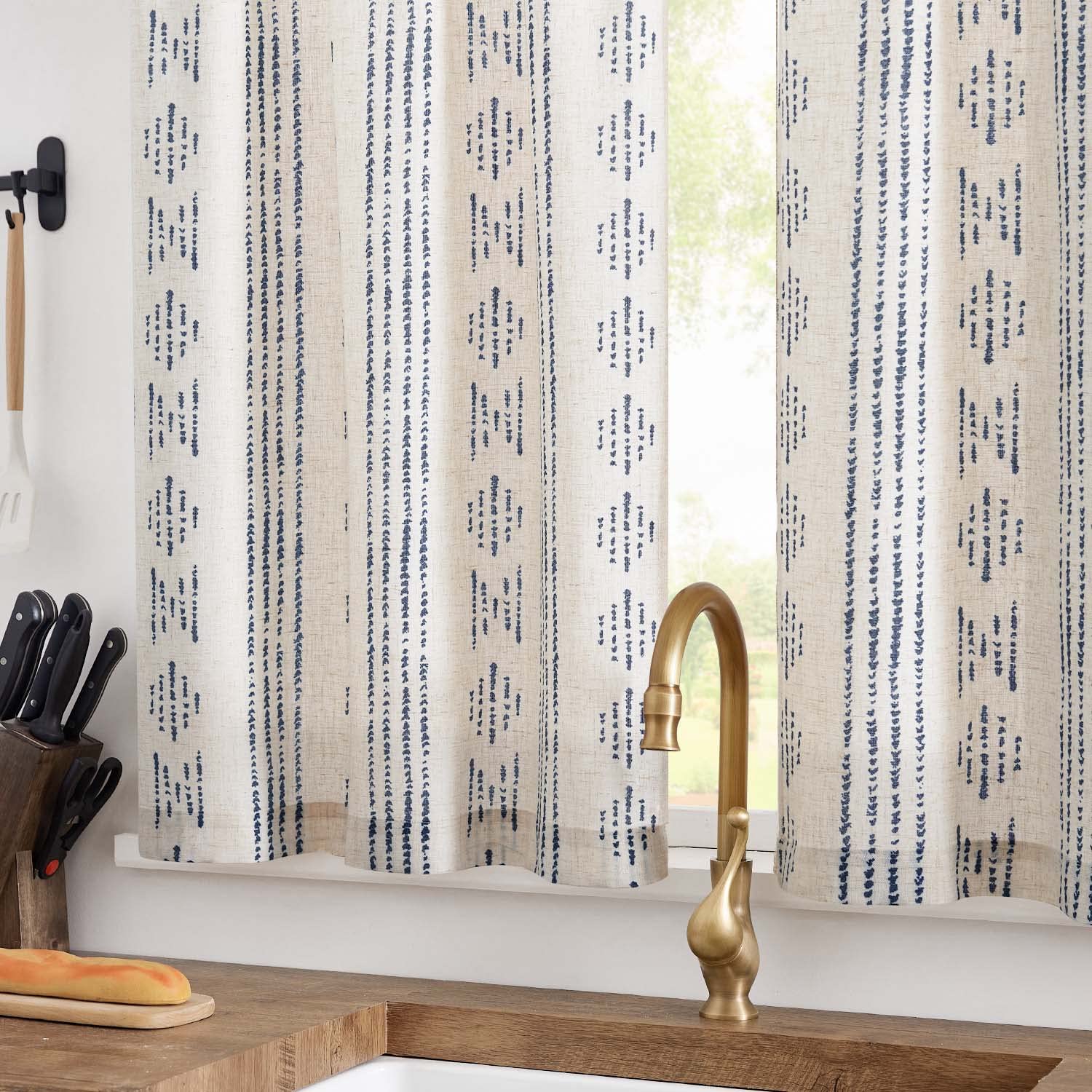 TOPICK Boho Linen Blend Kitchen Curtains 36 Inch Drop Small Cafe Curtains Light Filtering Tier Curtain for Bathroom RV Baset Sink Cupboard Rod Pocket Blue on Beige 2 Panels - Image 2