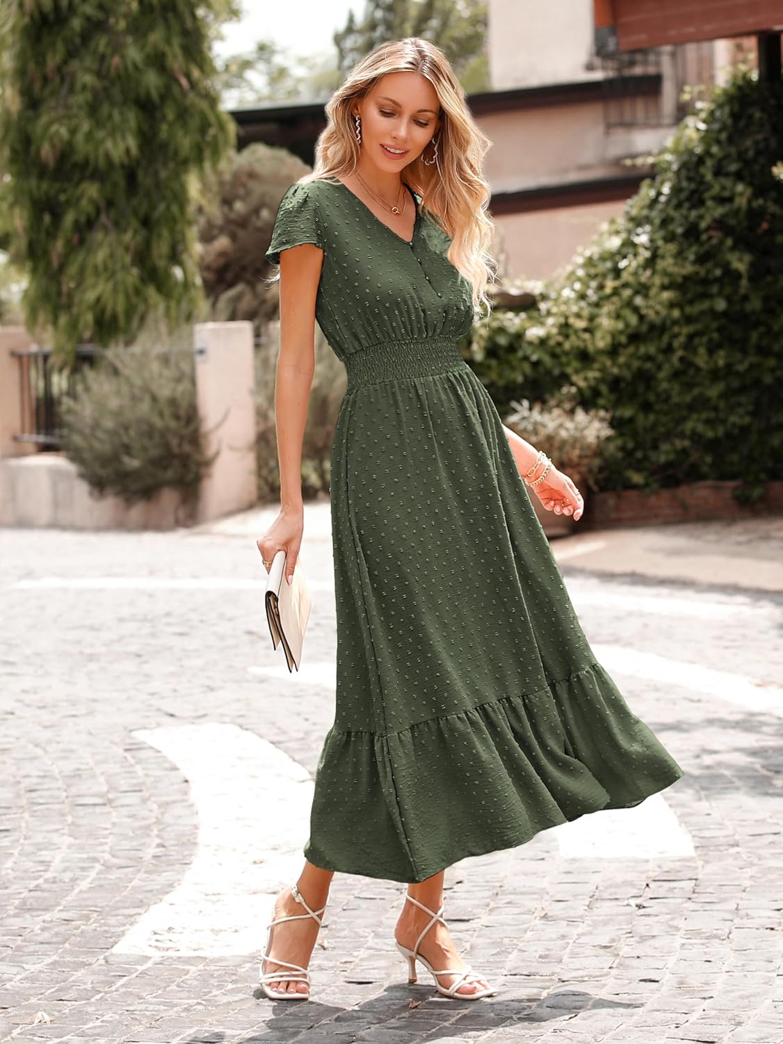 PRETTYGARDEN Womens Dresses 2026 Summer Maxi Dress Boho Short Sleeve V Neck Swiss Dot Ruffle Tiered Smocked Flowy Long Dress - Image 5