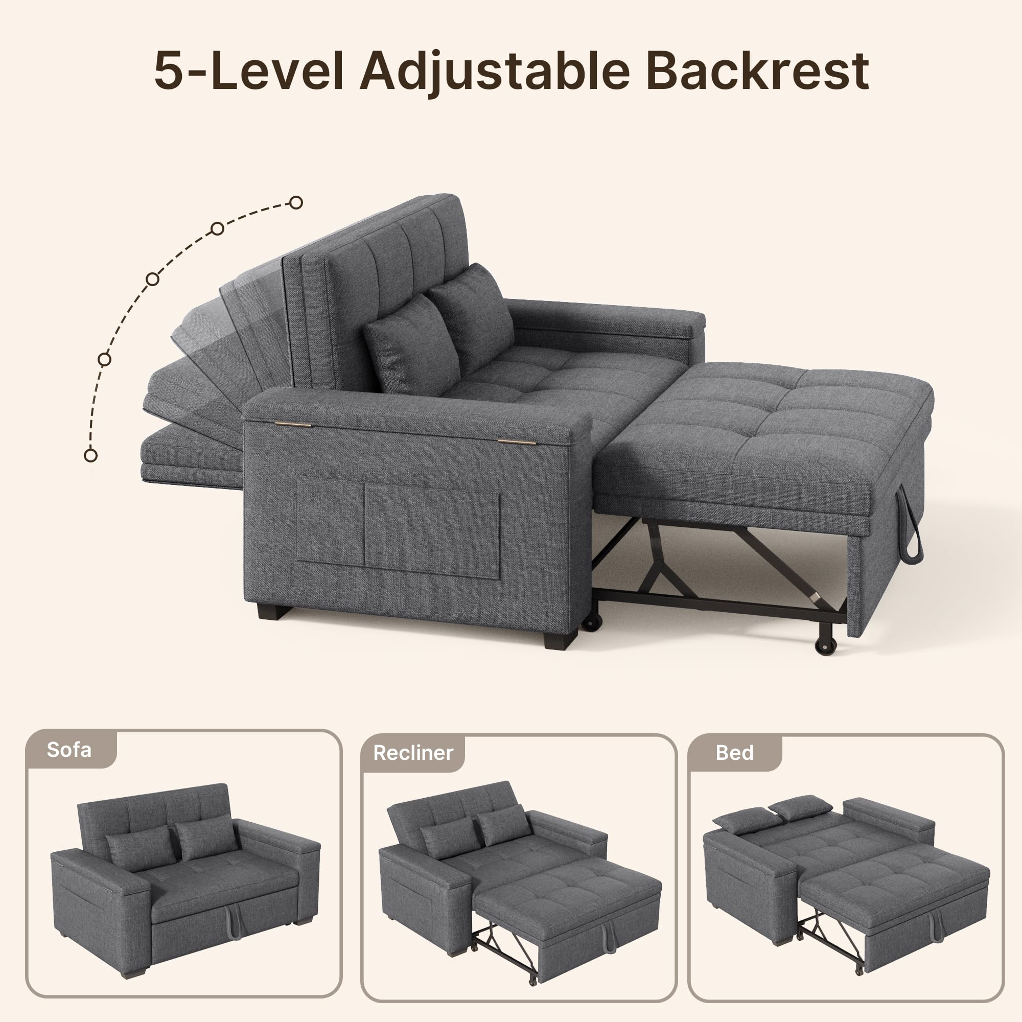 Xbro Divano Letto 2 Posti in Lino, Letto Esteso 175x116 cm, Convertibile 3 in 1 con 2 Cuscini e Tasche Laterali, Compatto Salvaspazio per Soggiorno e Camera Ospiti, 156x74x84 cm, Grigio Scuro