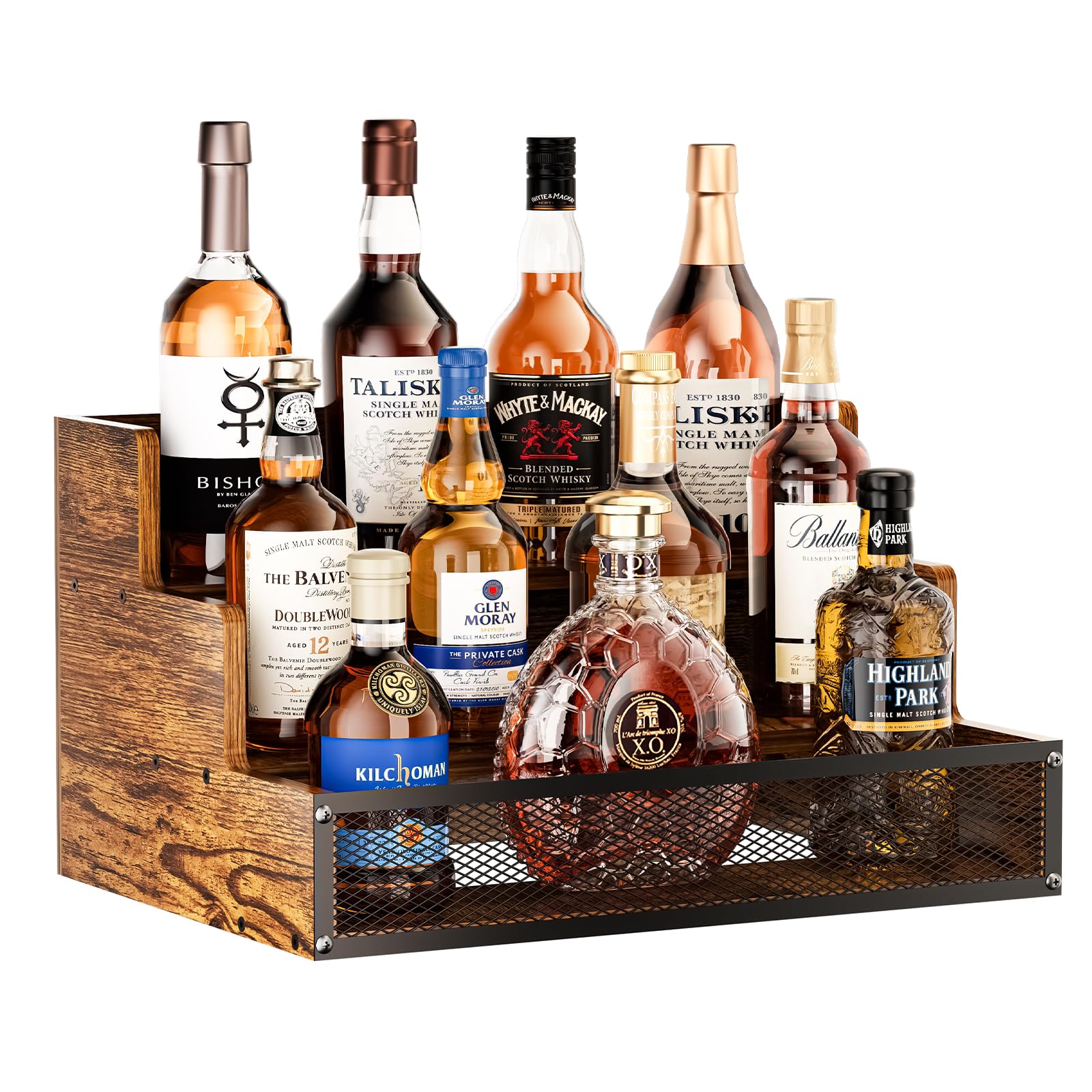 3 Step Countertop Liquor Bottle Display Shelf, Wood Bar Shelves 12 Bottles with Fences, Freestanding Storage Shelves for Liquor Whiskey Wine Coffee Syrup Display, Retro Wine Rack Home (Patent Pending)
