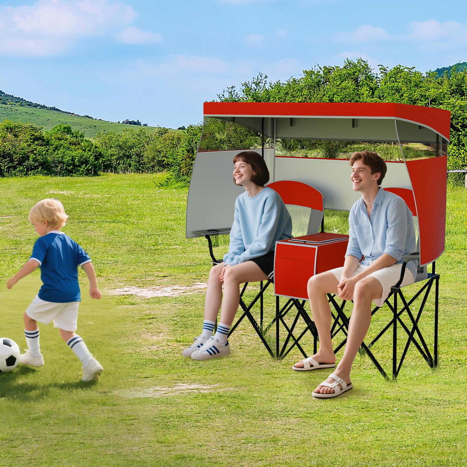 Chaise De Plage Double Avec Auvent Réglable – 2 Places, Pliable, Sac Isotherme Et Porte-Gobelets (Rouge, 163x72x153 Cm)