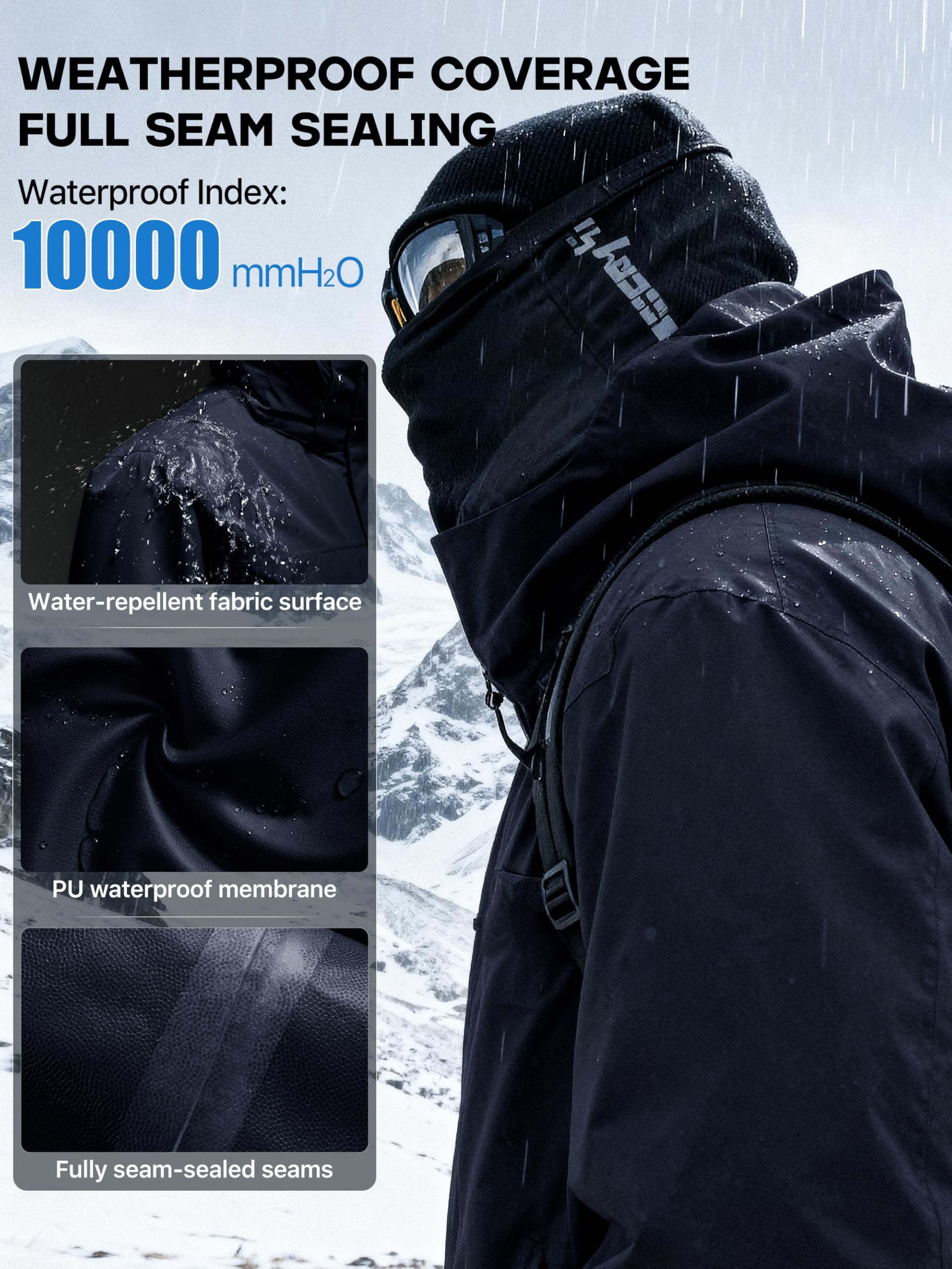 FREE SOLDIER Veste de ski imperméable pour homme avec doublure en polaire, col neige chaud pour l'hiver avec capuche et coutures entièrement étanches