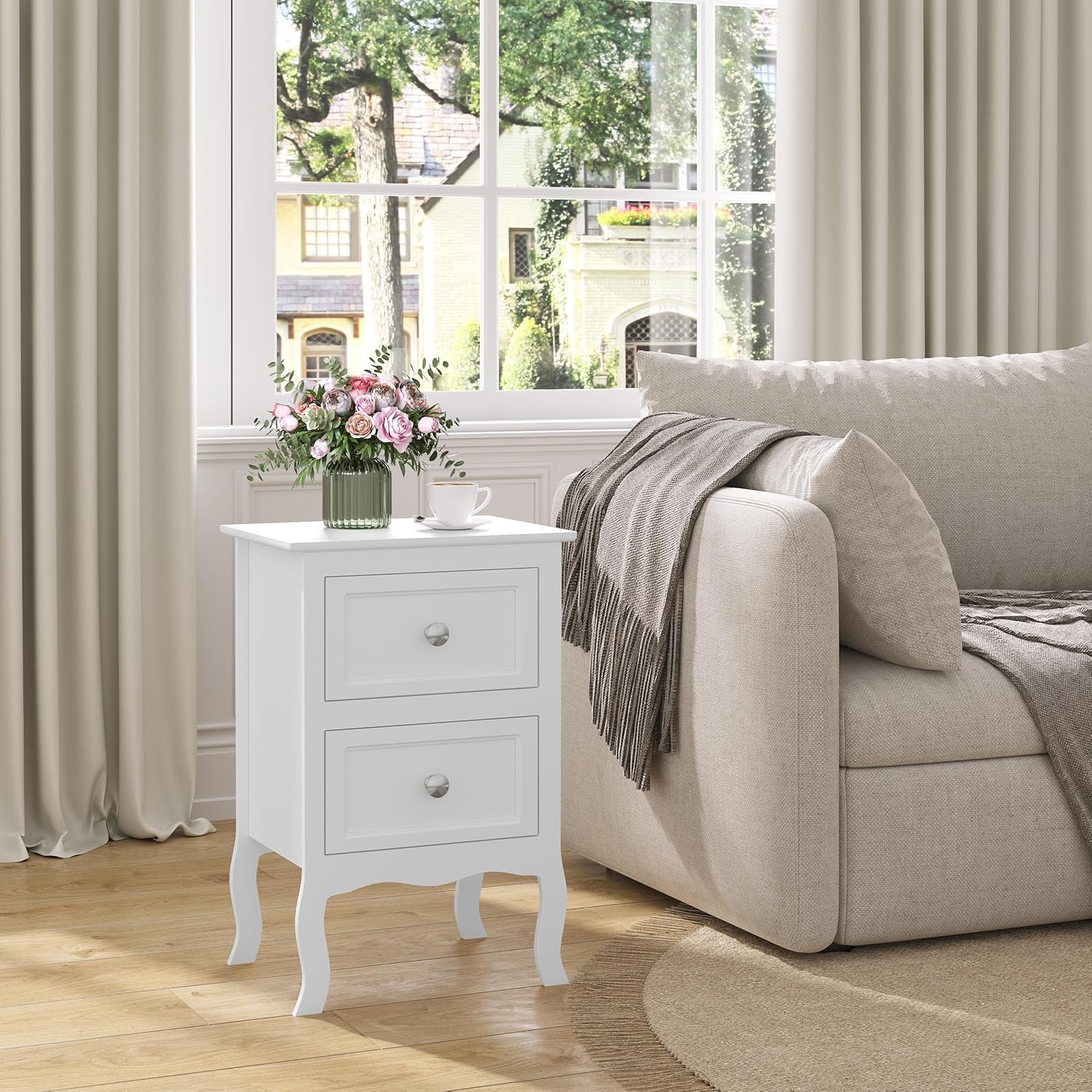 WOLTU Mesitas de Noche Mesilla Auxiliar Sofá Mueble con Espacio de Almacenamiento Mesa para Cama Café Dormitorio con 2 Cajones 40x30x60cm Blanco MDF TS119ws