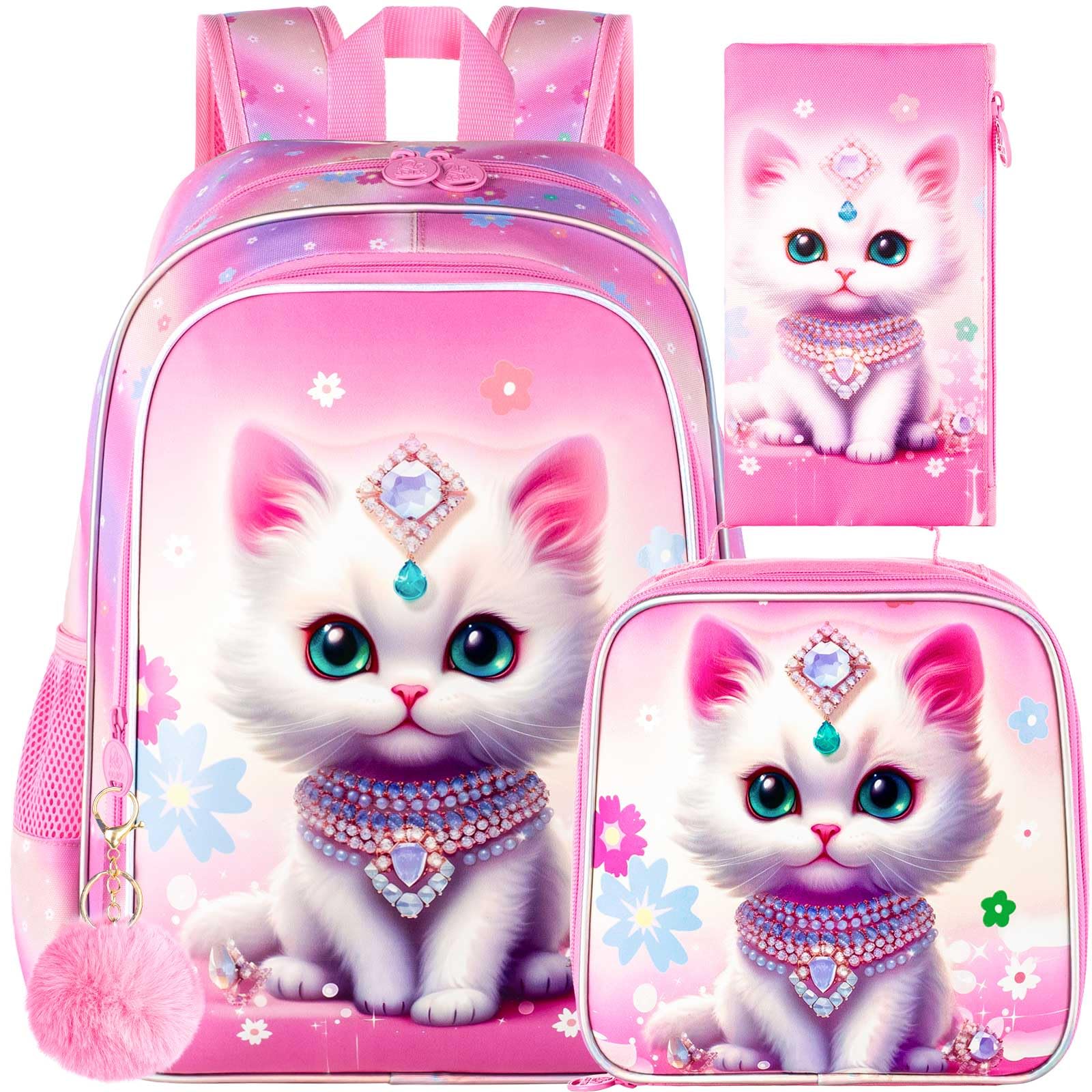 HPJGD 3PCS Girls Cat Backpack, Water Resistant Kids Bookbag Set with Lunch Box?Cute Elementary School Bag for Preschool Toddler