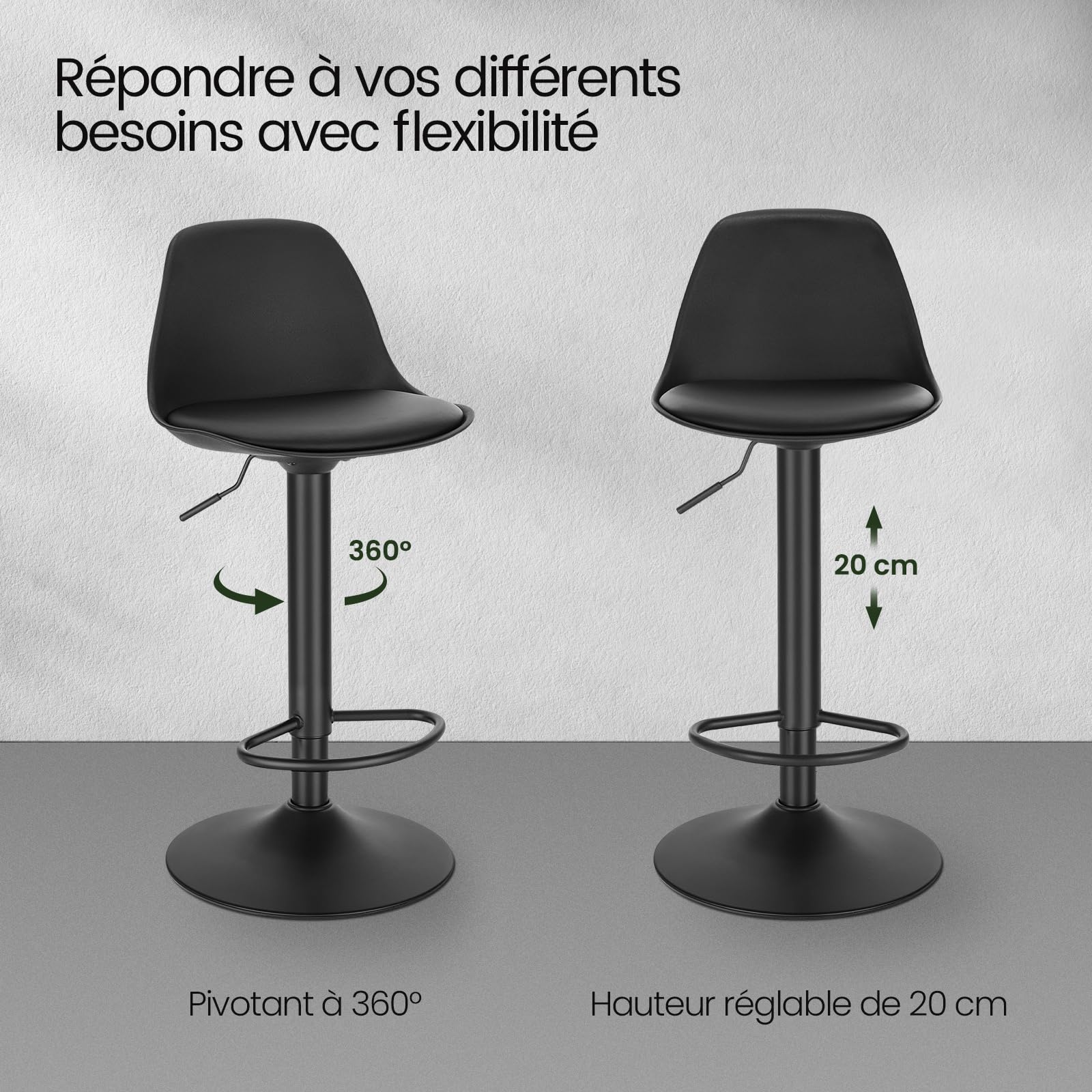 EUGAD Tabouret de Bar Lot de 2, Chaise de Bar Haute Cuisine Réglable en Hauteur et Pivotante, avec Dossier, Repose-Pieds, pour Îlot de Cuisine, Bar, Salle à Manger, en Cuir synthétique, Noir