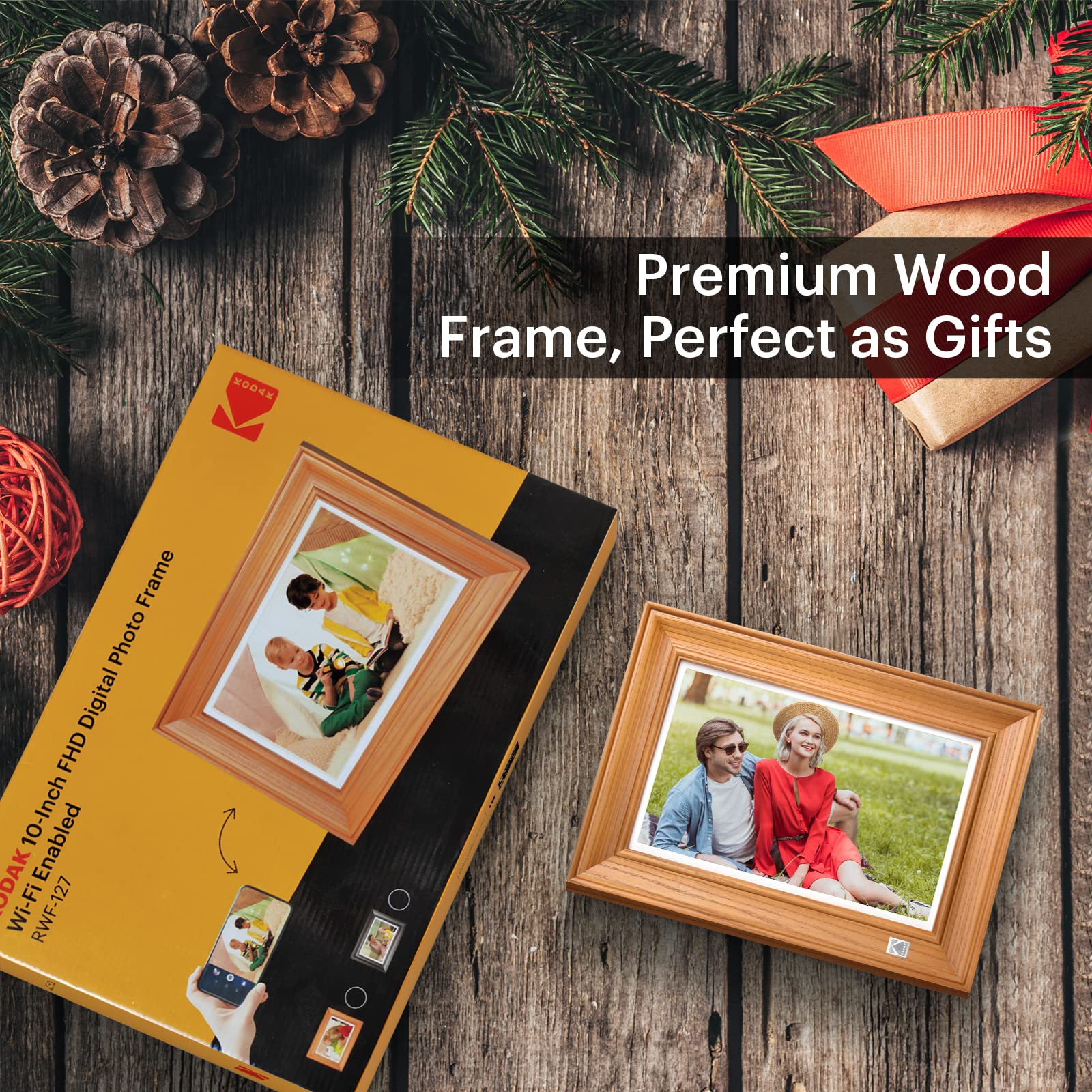 KODAK Cadre Photo Numérique WiFi Cadre Numérique Photo 10 pouces, FHD 1920*1200 Écran Tactile, Cadre Photo Électronique avec Mémoire de 64Go, Rotation Automatique, Partage d'images et Vidéos via App