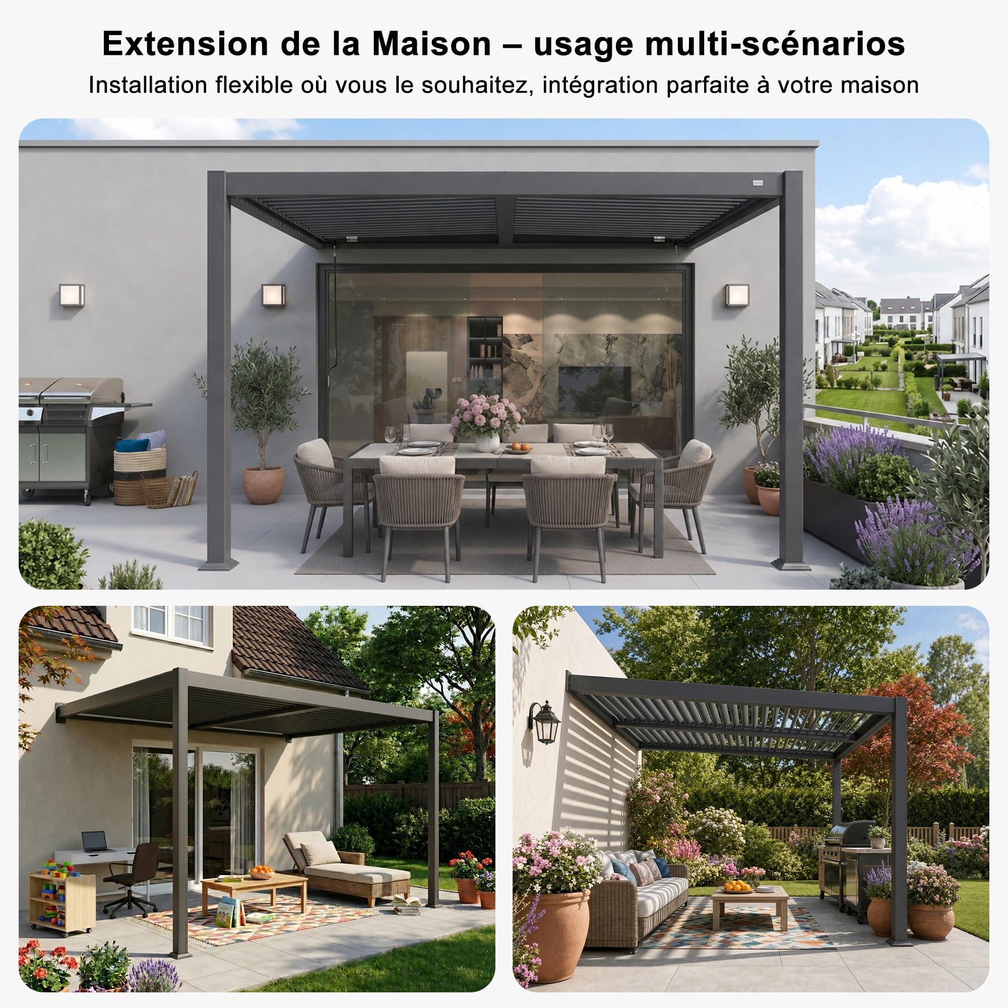PURPLE LEAF Pergola Bioclimatique Adossée 3 x 4,25 m en Aluminium, Entretien Facile, Pergola Bioclimatique Murale avec Lames Orientables, Résistante UV et Pluie, Idéale pour Jardin et Patio, Gris