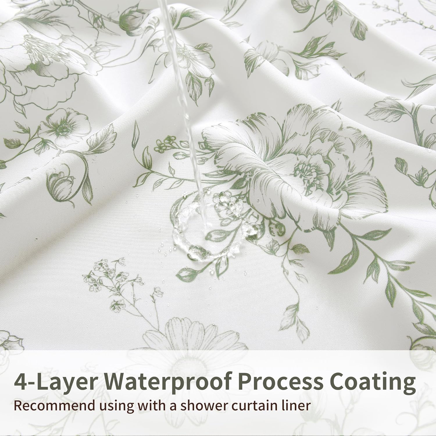 XWZO Vintage Floral Shower Curtain, Botanical Farmhouse Shower Curtains for Bathroom, Waterproof Fabric Cottagecore Shower Curtain Set with 12 Hooks, 72 x 72 Inches, Peony Bloom Green
