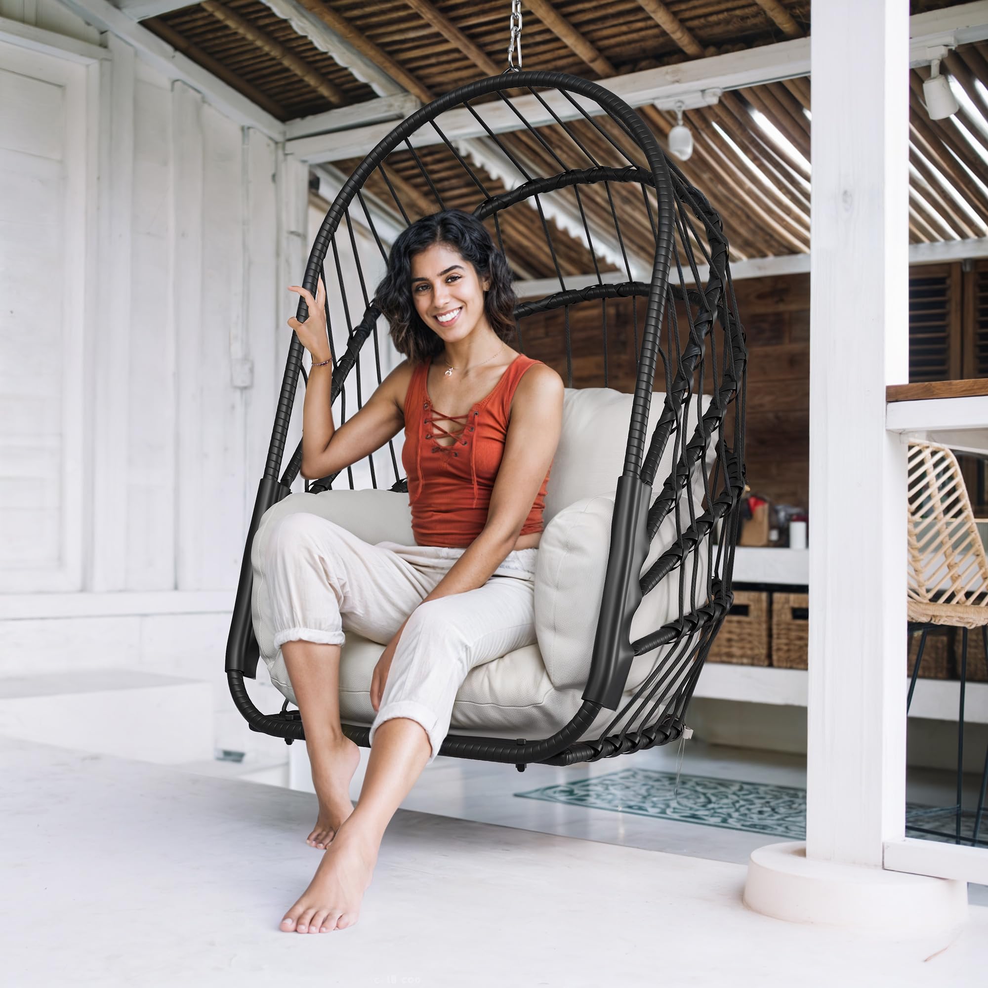 YITAHOME Hamaca colgante sin estructura, mecedora de ratán con cojín lavable, capacidad de carga de 160 kg, silla colgante plegable para terraza, jardín, dormitorio y balcón, color gris