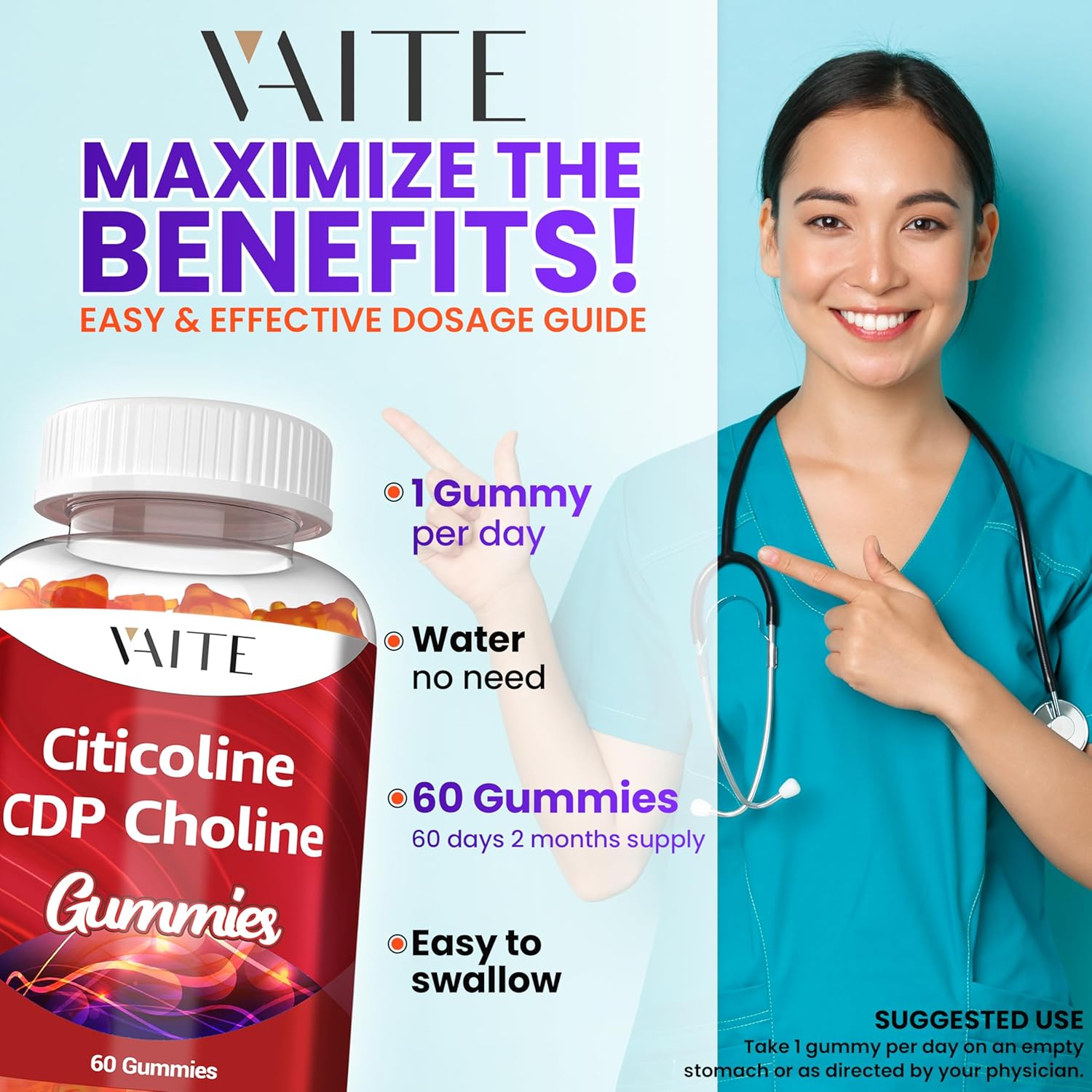 VAITE Citicoline 1000mg Supplements – CDP Choline for Brain Support, Memory, Focus & Mental Performance – Helps Maintain Clarity & Concentration – for Adults – Non-GMO, Vegan, 60 Gummies - Image 4