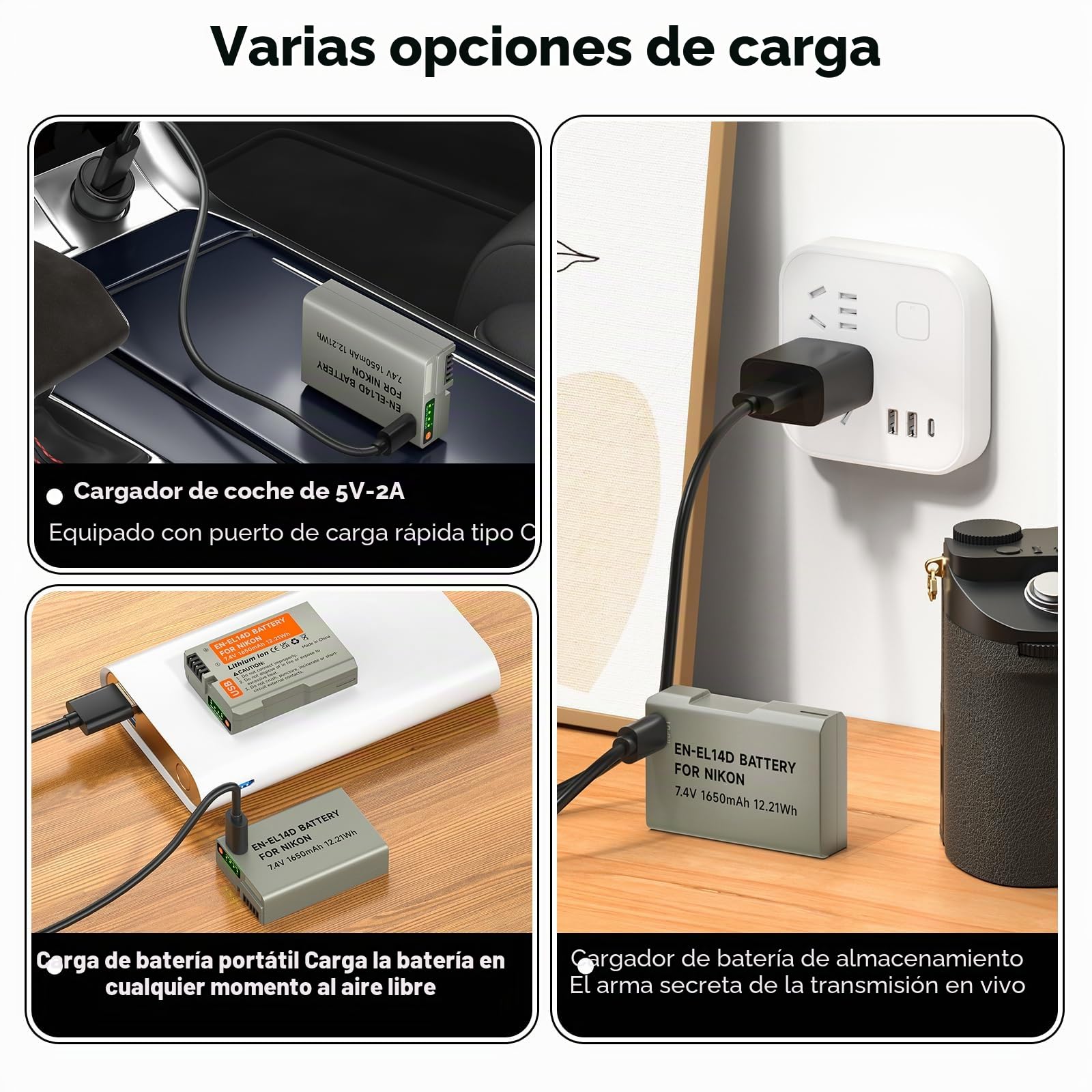 ENEL14 Batería de Repuesto 1650mAh con Cable de Carga USB C para Nikon D5600, D5100, D5200, D5300, D5500, D3200, D3400, D3500, Coolpix P7100, P7200 (1Pcs)