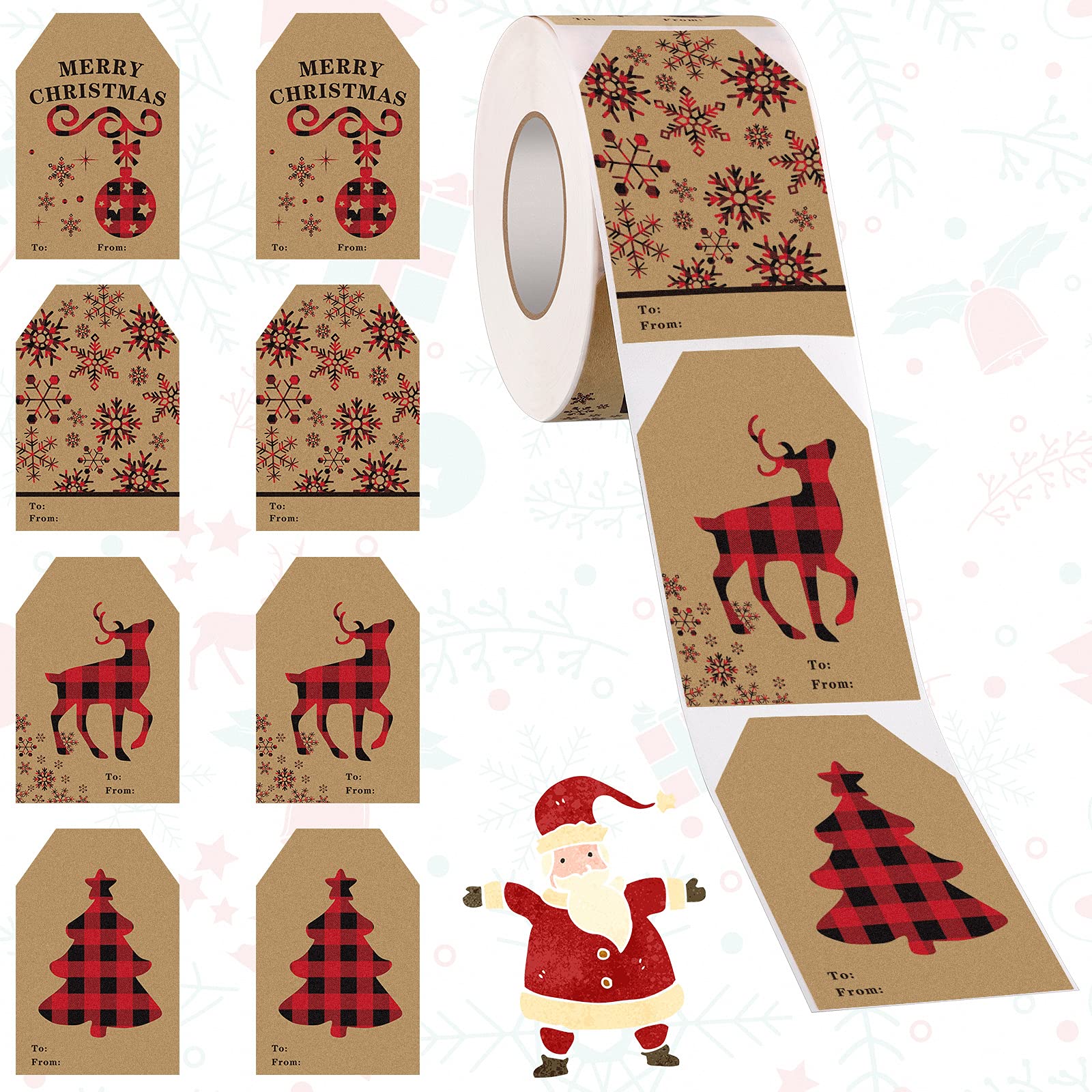 Étiquettes kraft Noël carreaux de buffle noir et rouge x400 pour cadeaux 5x7cm