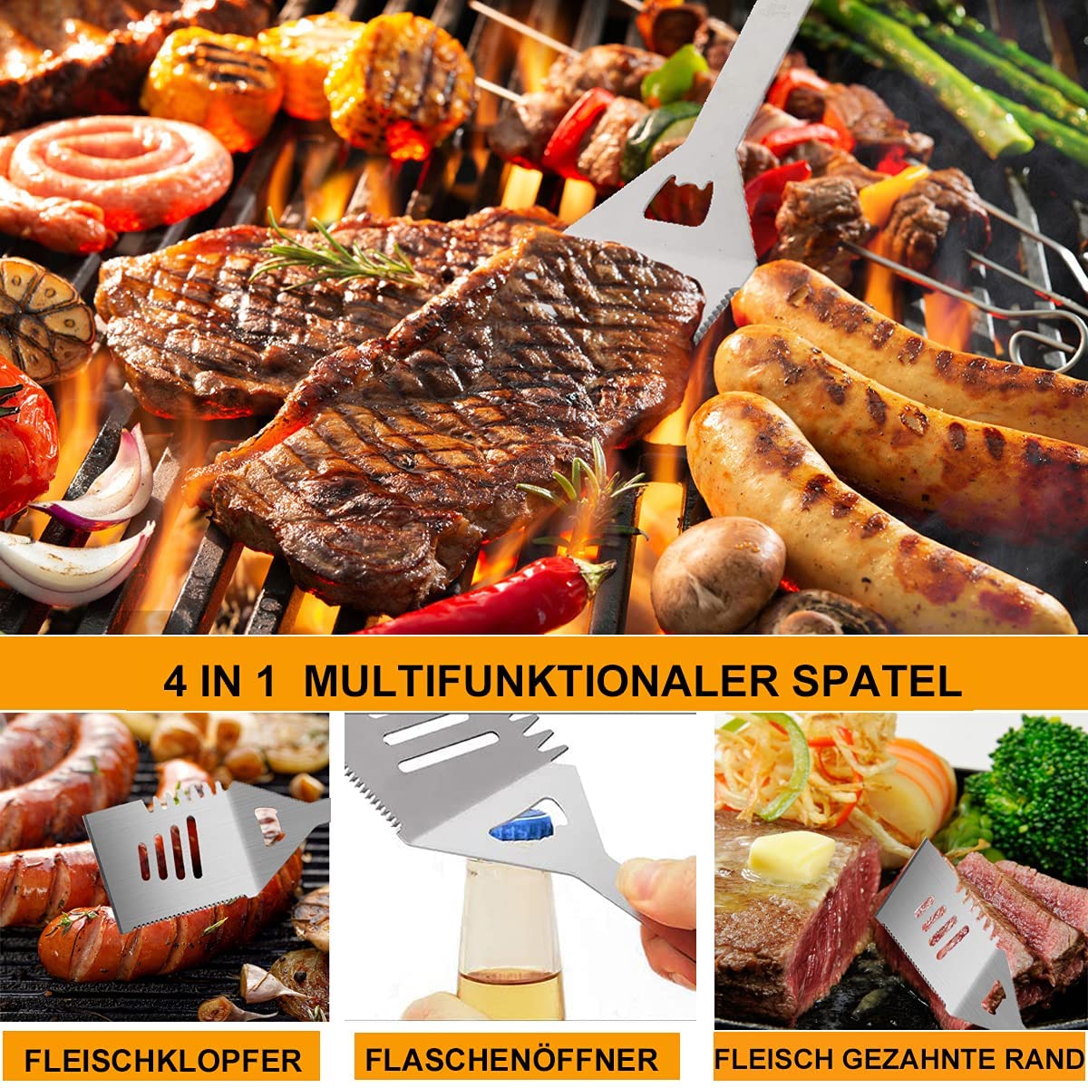 20 Stücke Grillbesteck Set,Grillzubehör Männer Geschenk,Edelstahl Grillkoffer Set, Grill Zubehör mit Grillzange Grillspachtel und Grillschürze, BBQ Grill Set Ideales für Garten und Camping