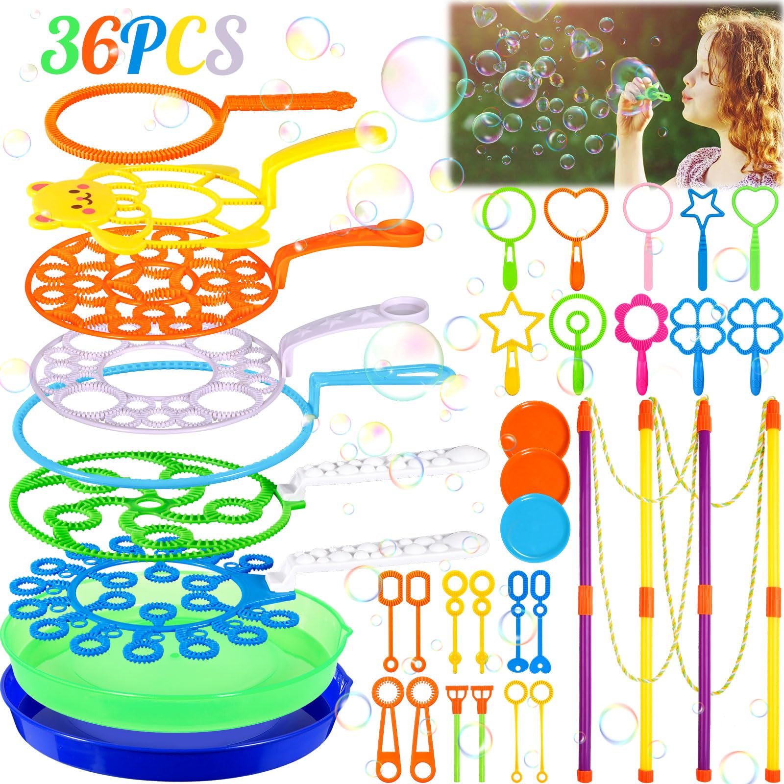 36PCS Kit Bolle di Sapone Giganti per Bambini con Bacchette e Strumenti Creativi – Set Giocattolo Bolle di Sapone per Festa, Compleanno, Matrimonio, Giardino e Giochi all'Aperto