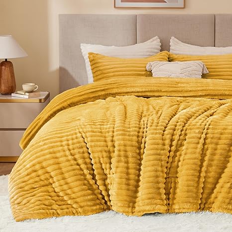 BEDELITE Fleece Full Comforter Set -Super Soft & Warm Fluffy Mustard Yellow Bedding, Luxury Fuzzy Heavy Bed Set for Winter with 2 Pillow Cases