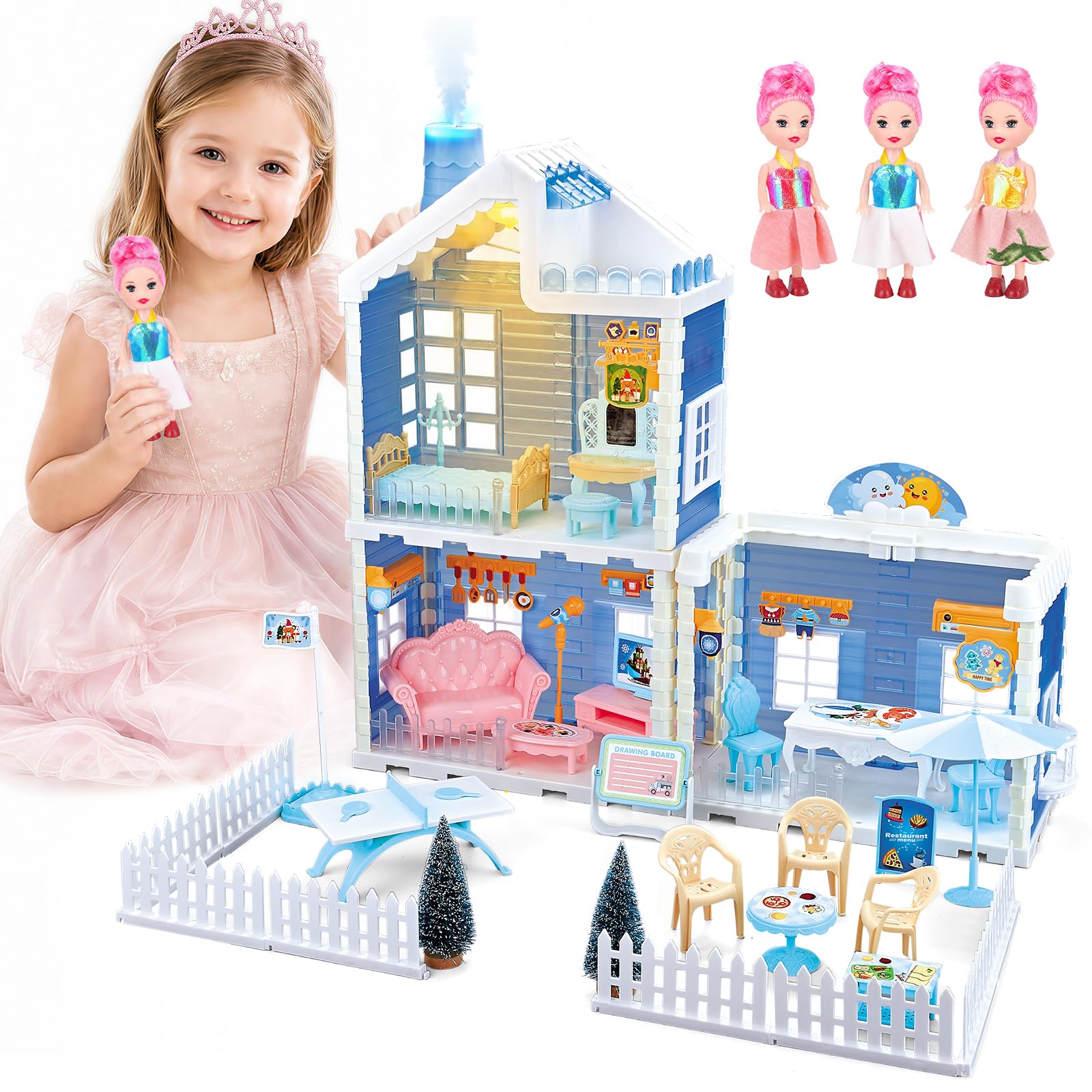 deAO Casa delle Bambole per Bambine, con Luci ed Effetti di Fumo