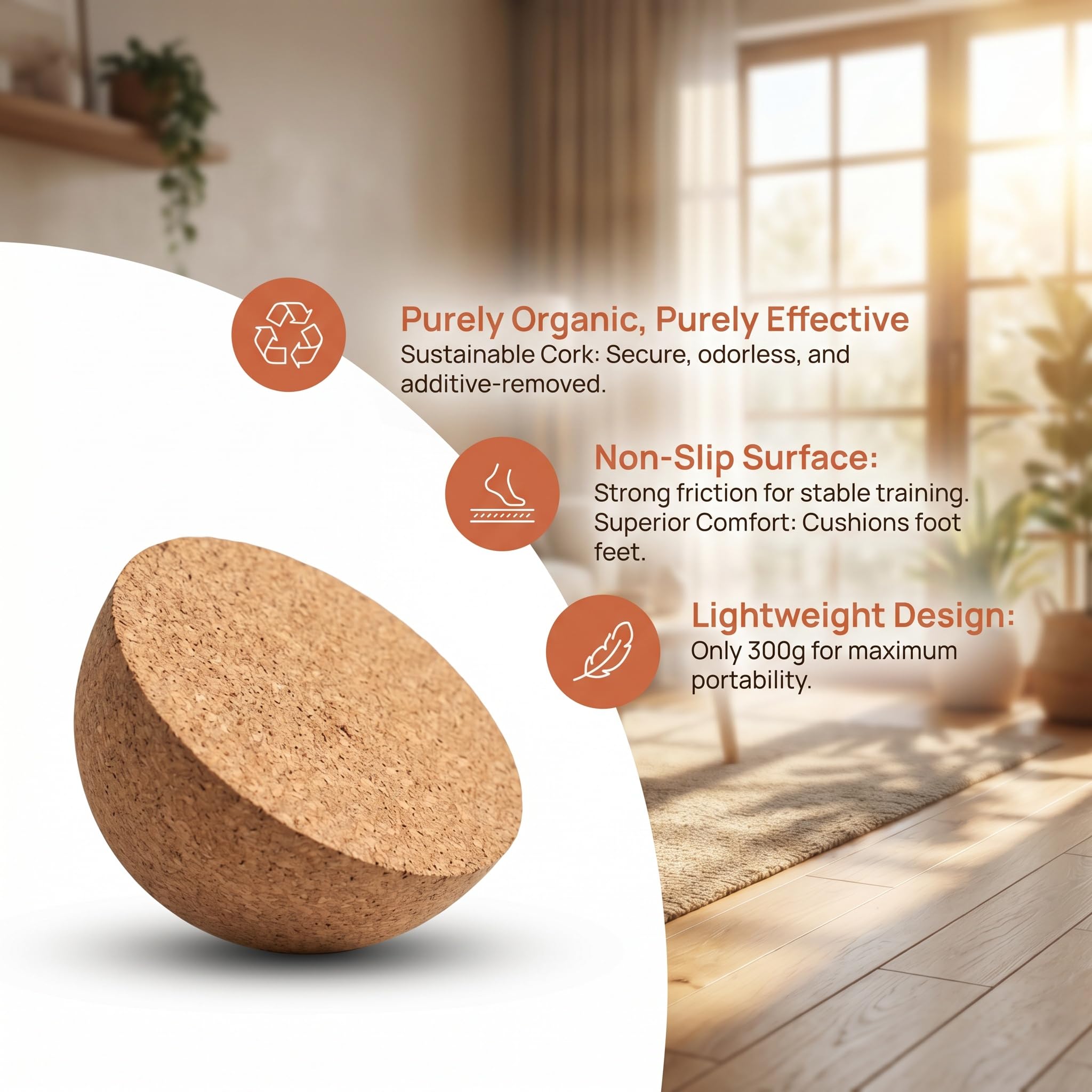 Demi-Sphère en Liège Naturel, 15 x 8 cm Balance Board Antidérapante pour Yoga, Fitness, Rééducation et Entraînement de l’Équilibre, Couleur Bois Naturel (1 Pièce, 300g)