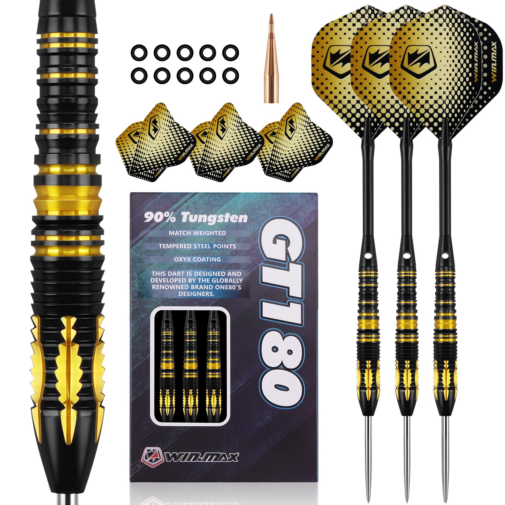 WIN.MAX Dartpfeile mit Metallspitze 90% Tungsten 3 Stück 90% Wolfram Stahl Darts 24g