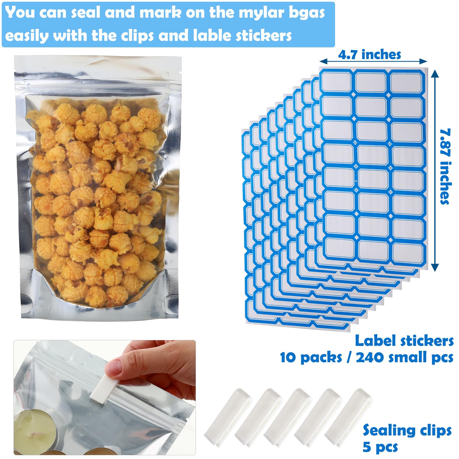 Confezione da 300 sacchetti richiudibili grandi in Mylar per la conservazione degli alimenti, 22,1 x 29 cm, con chiusura lampo, richiudibili, a prova di odore, in alluminio argentato, con finestra