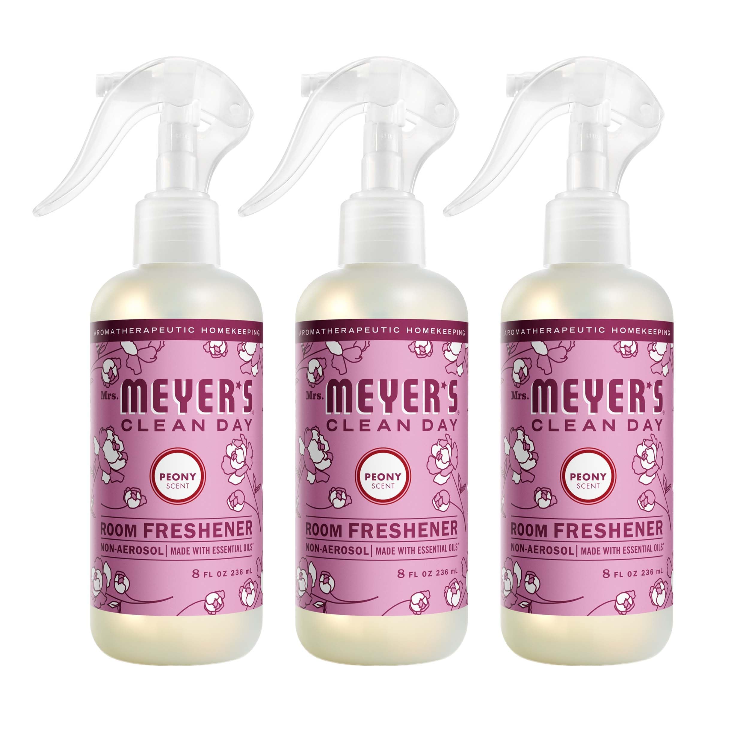 CLEAN DAY Room and Air Freshener Spray, Non-Aerosol Spray Bottle Infused with Essential Oils, Peony, 8 fl. oz - Pack of 3