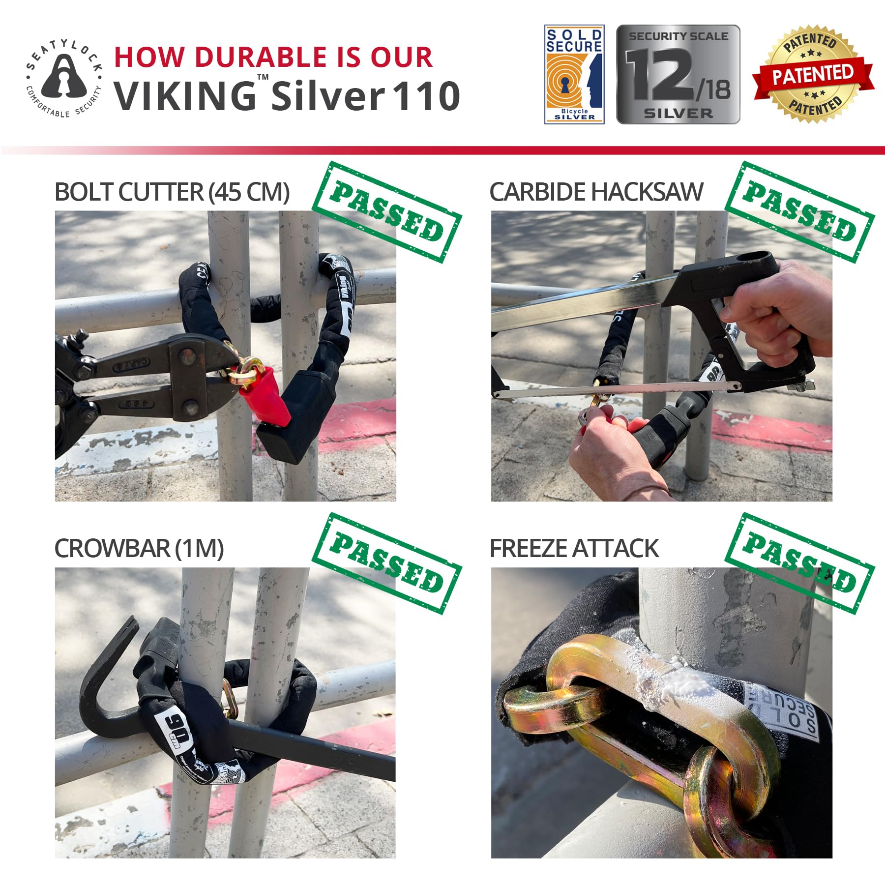 Seatylock Viking Chaine Antivol Velo - Cadenas Velo Antivol Ultra Leger en Acier Trempé - Anti Vol Velo avec 3 Ans de Tranquillité d'Ésprit (110 cm, Classé Sold Secure Argent)