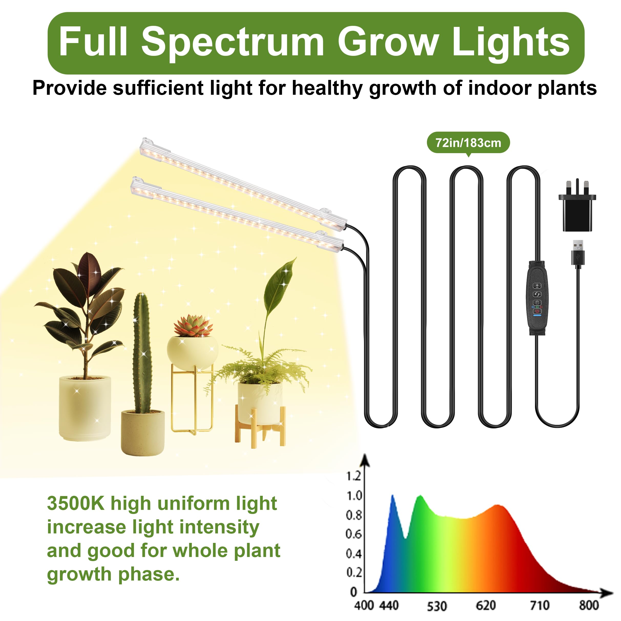 Lot de 2 bandes lumineuses à DEL de 21,8 cm, spectre complet 3500 K pour plantes d'intérieur, 2 têtes avec minuterie de 3/9/12h, 10 niveaux à intensité variable, idéales pour les semis, les