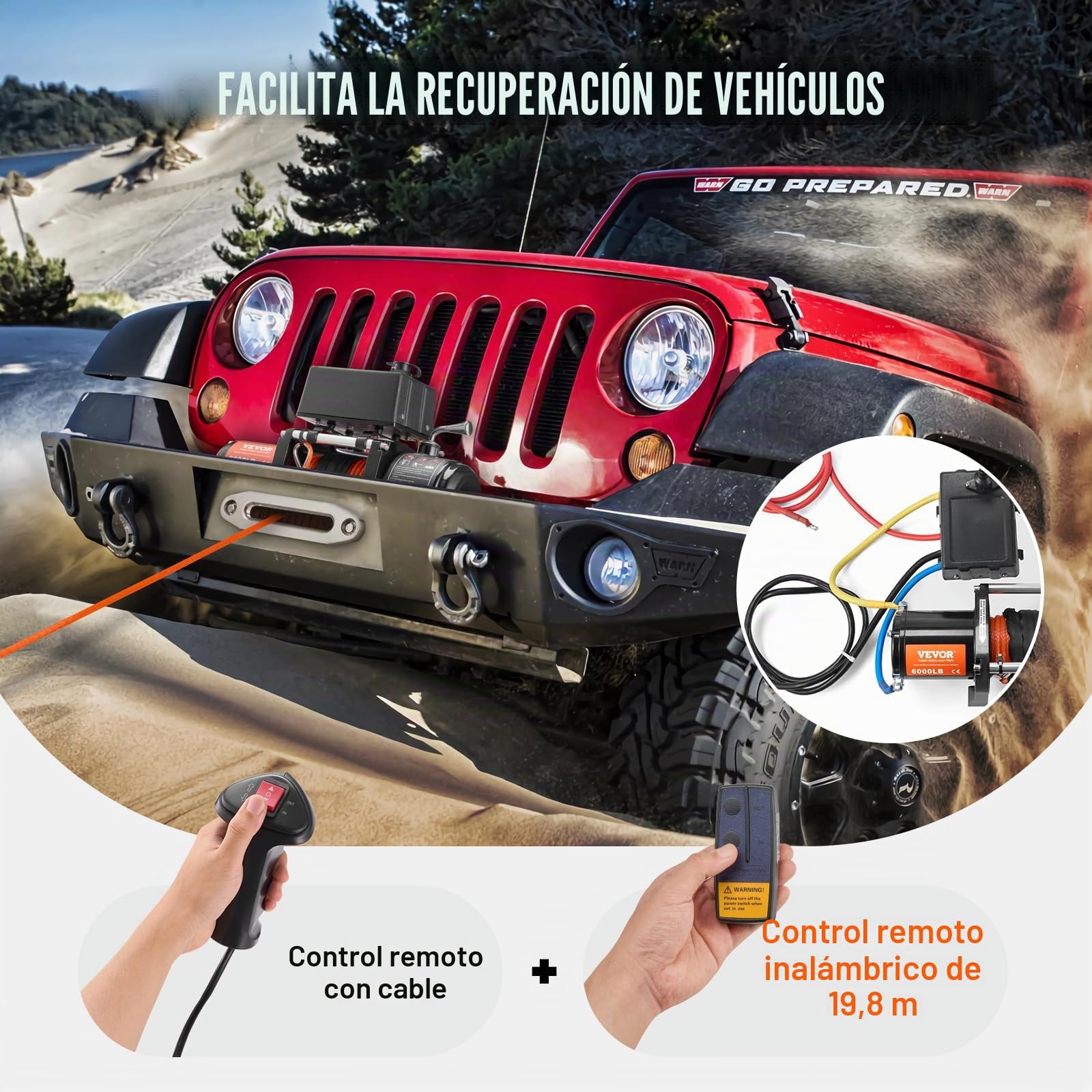 VEVOR Cabrestante Eléctrico 2722 kg Cabrestante para Camión con Cable Sintético de Φ 0,6 x 1676,4 cm Guía de Aluminio Control Remoto Inalámbrico y con Cable para Remolcar Vehículo Todoterreno, Barco