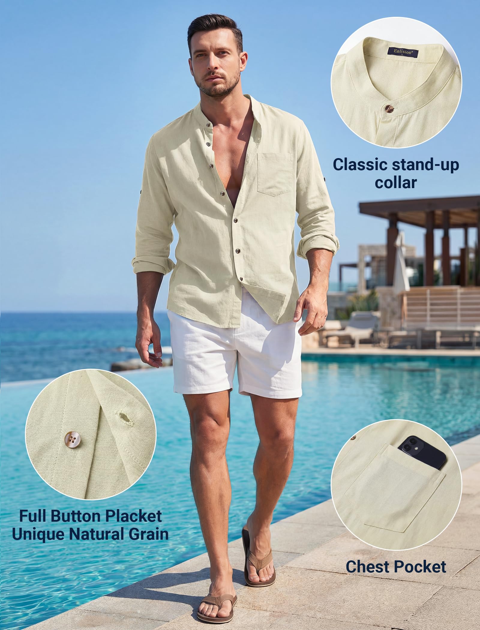 Enlision Chemise en Lin Homme Manches Longues Chemise Homme Été Col Mao Leger Respirant et Décontractée pour La Plage Henley Shirt S-4XL
