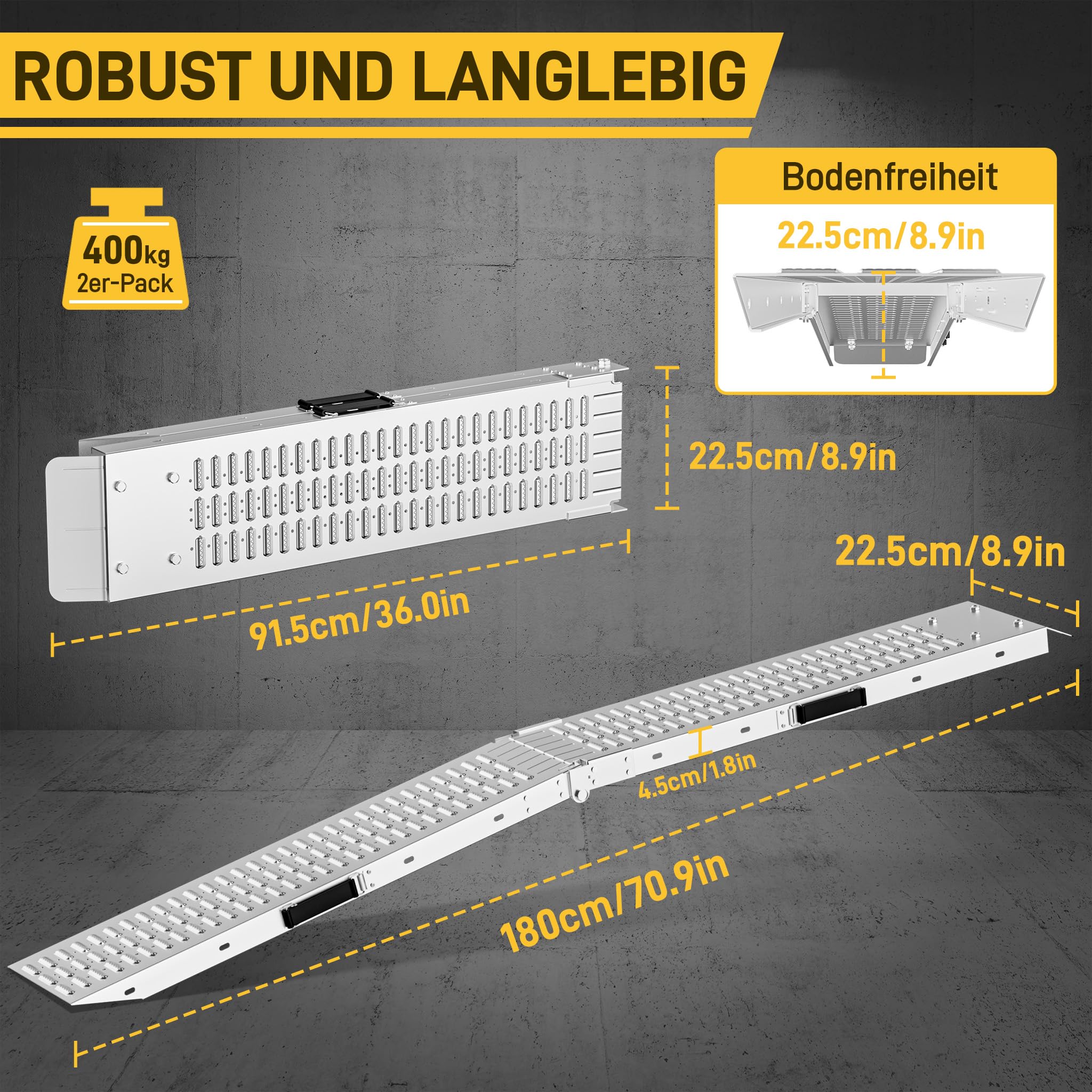 YRHome 2 Stück Faltbare Auffahrrampe Verladerampe Laderampe Laderampen verzinkter rutschfeste Auffahrschienen Rampe 180 x 22.5 cm mit Griff für Motorrad Anhänger Rasenmäher Rasentraktor max. 400 kg