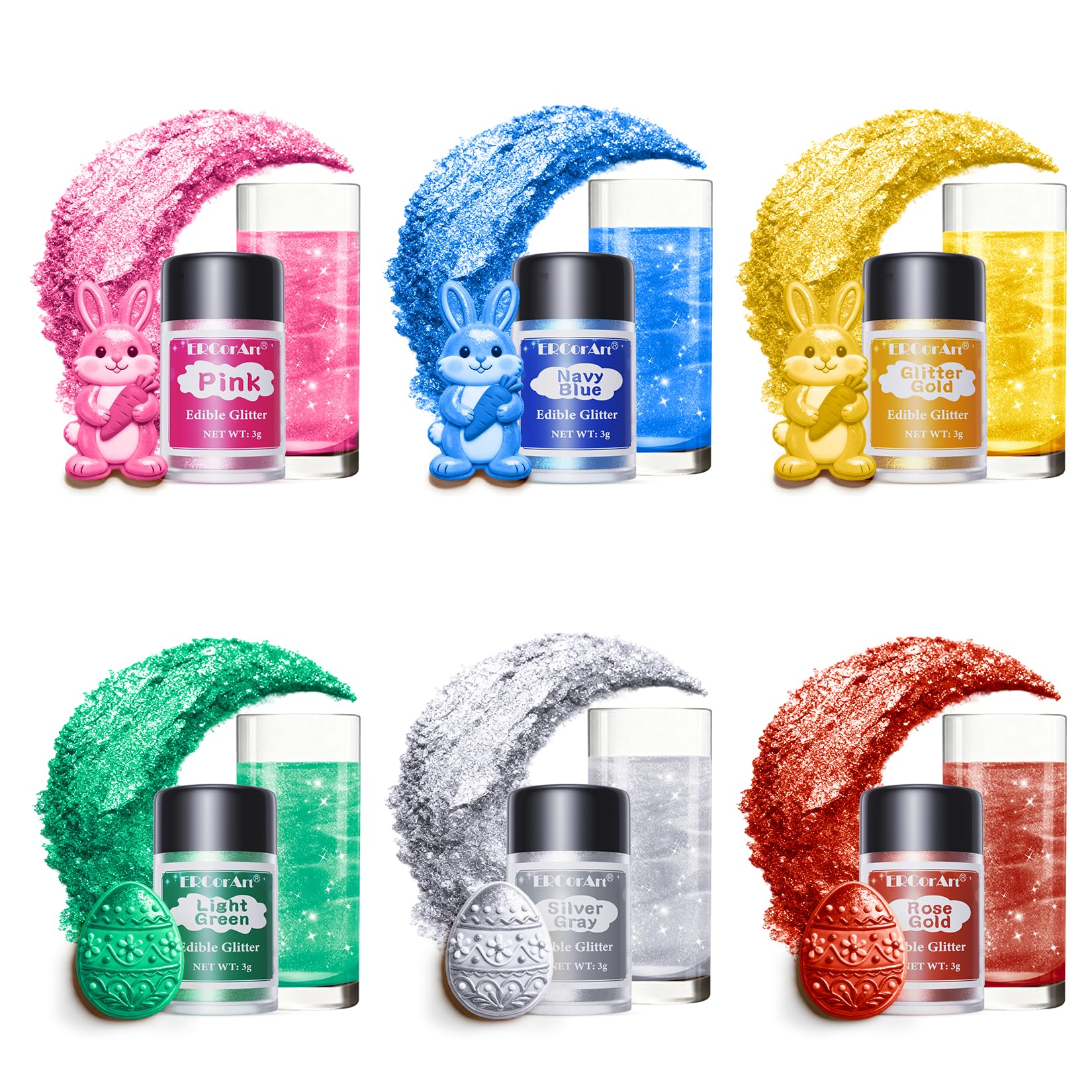 Edible Glitter - 6 Colors Luster Dust Edible, Food Grade Cake Decorating Shimmering Glitter for Drinks, Powder Glitter for Fondant, Chocolate, Candy, Cookie- 3g, Vegan