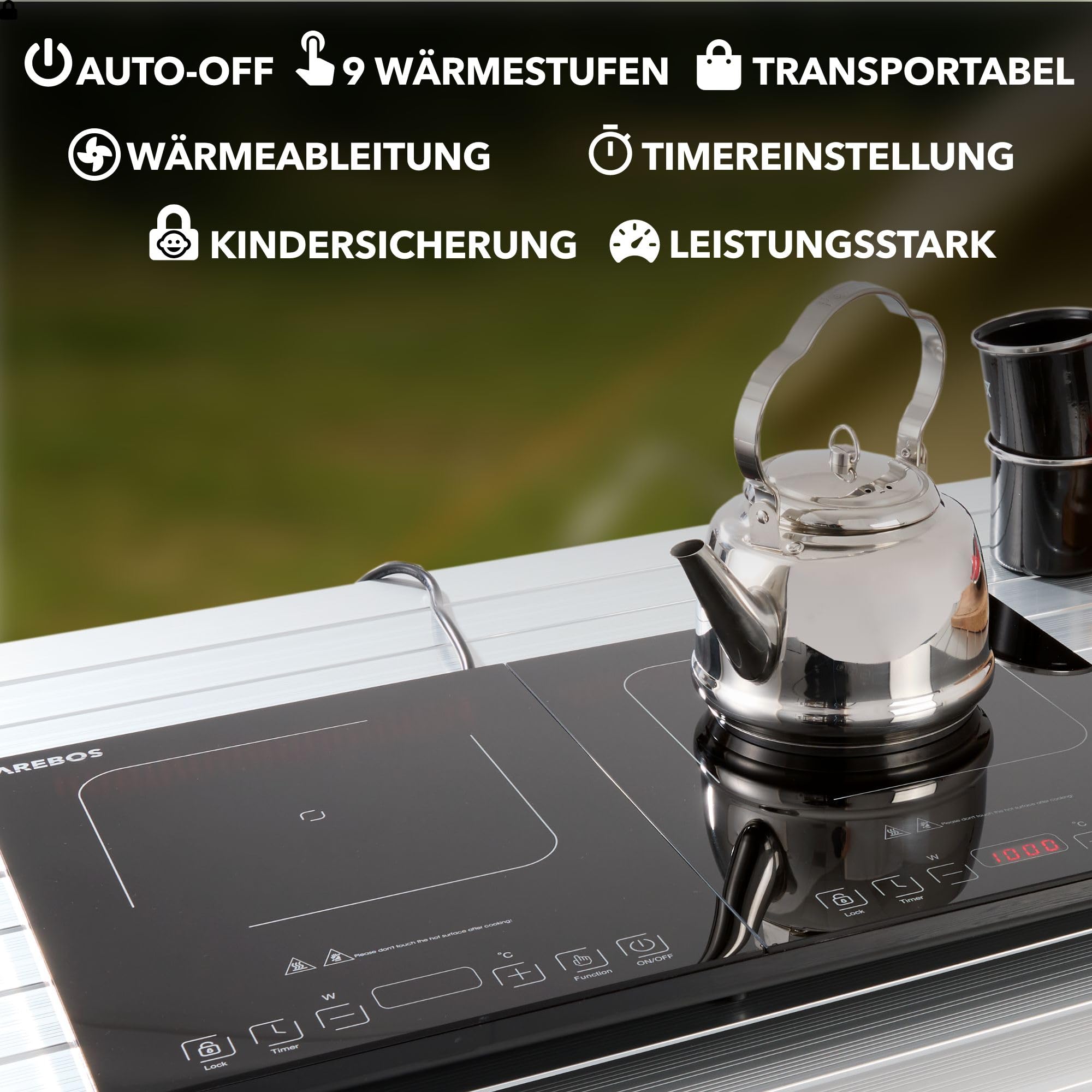 Arebos Doppel-Induktionskochplatte 3500W | 2 Kochzonen mit Touch-Display & Timer | Induktionskochfeld tragbar für Camping, Outdoor & Küche | Überhitzungsschutz | Energieeffizient