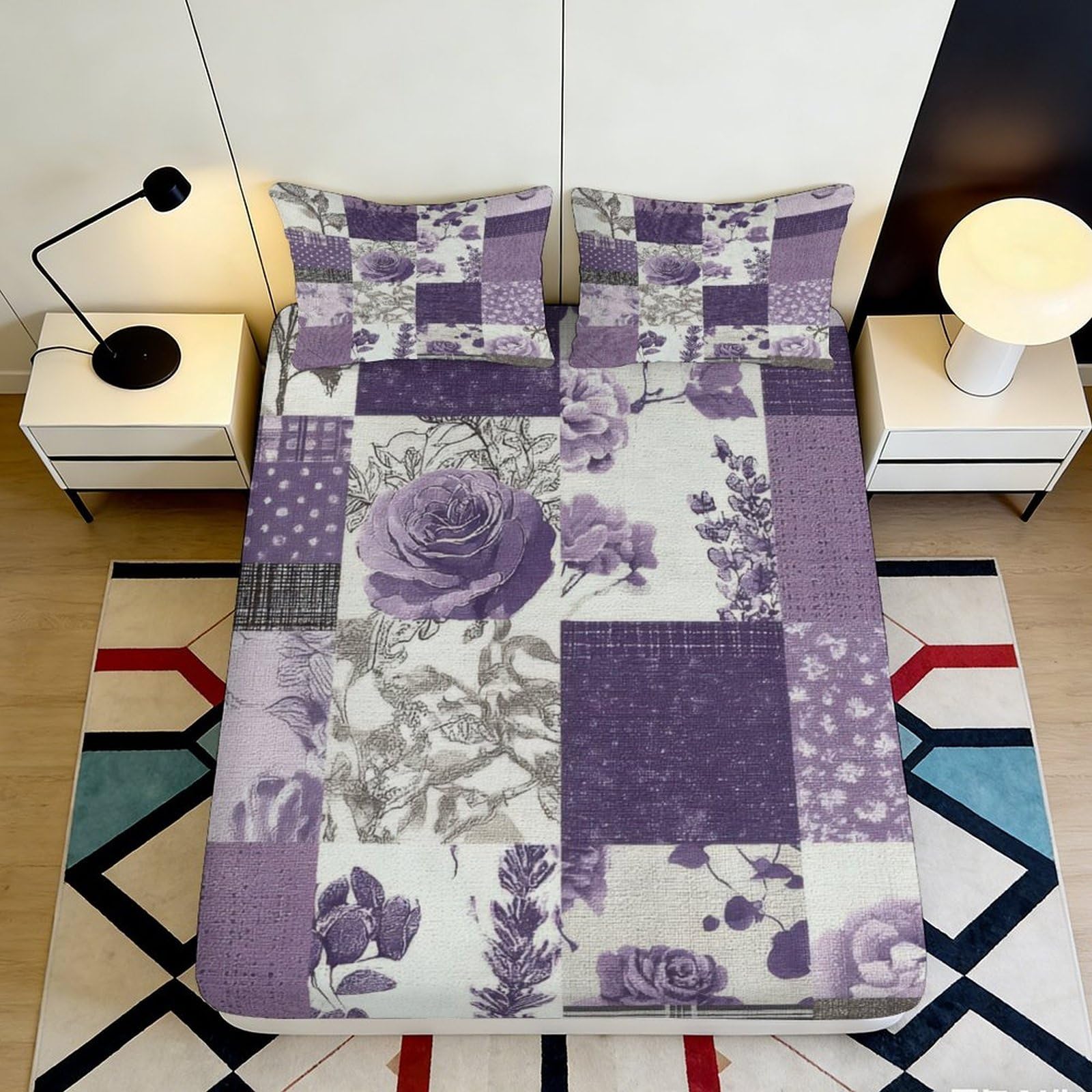 Pnayamiorkfel Style-1 3D Printed Purple Floral Patchwork Fitted Sheet Microfiber Soft Bed Cover For Bedroom Guest Room Easy Care Decor 90X200x25cm