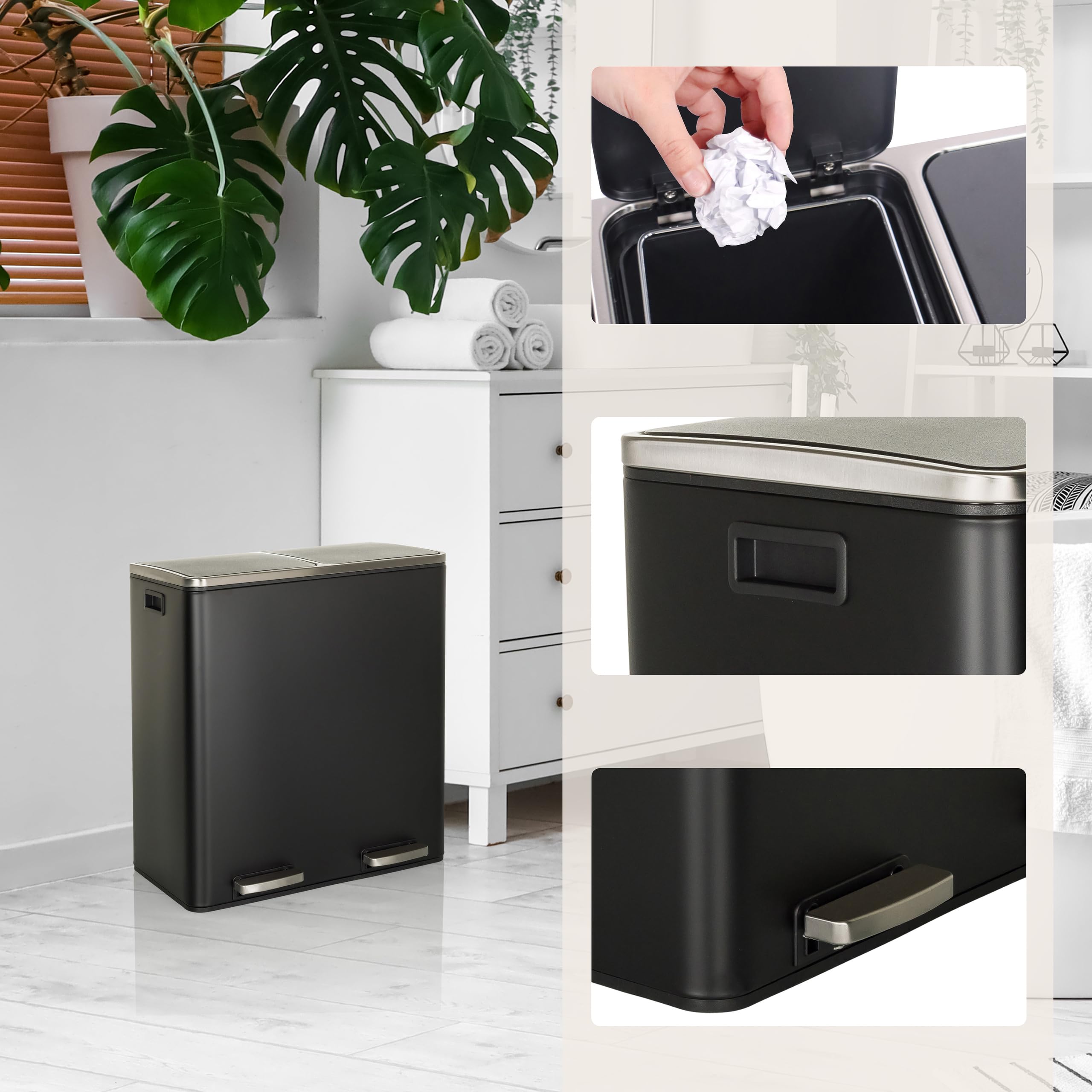 HJH Office Kosz na śmieci 2 x 30 l CLEAN XI System oddzielania śmieci z 2 przegródkami, kosz nożny z amortyzowanym zamknięciem, czarny metal