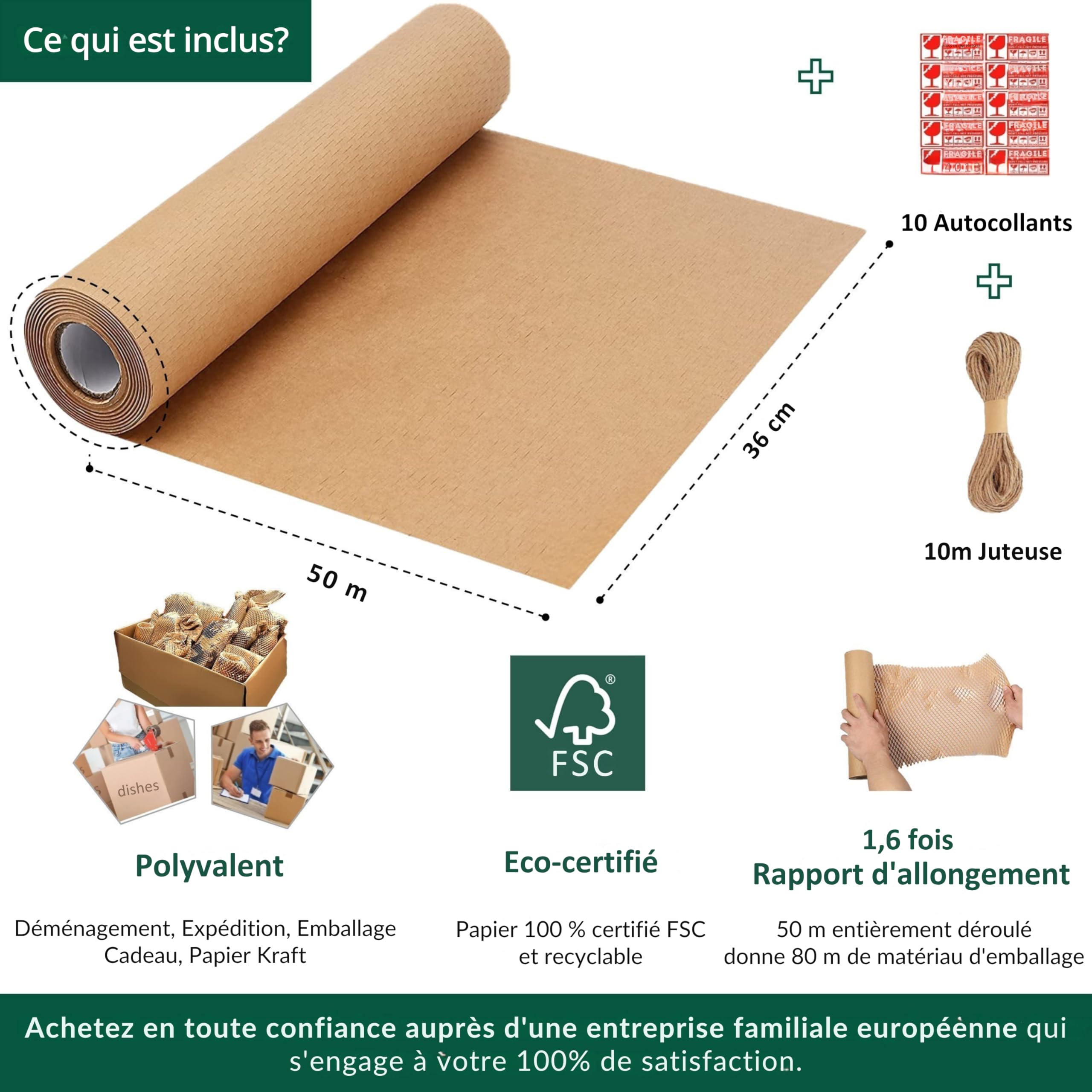 Papier d'Emballage Nid d'Abeille 36cm x 50m Biodegradable Ecologique pour Emballage Demenagement Protection Colis