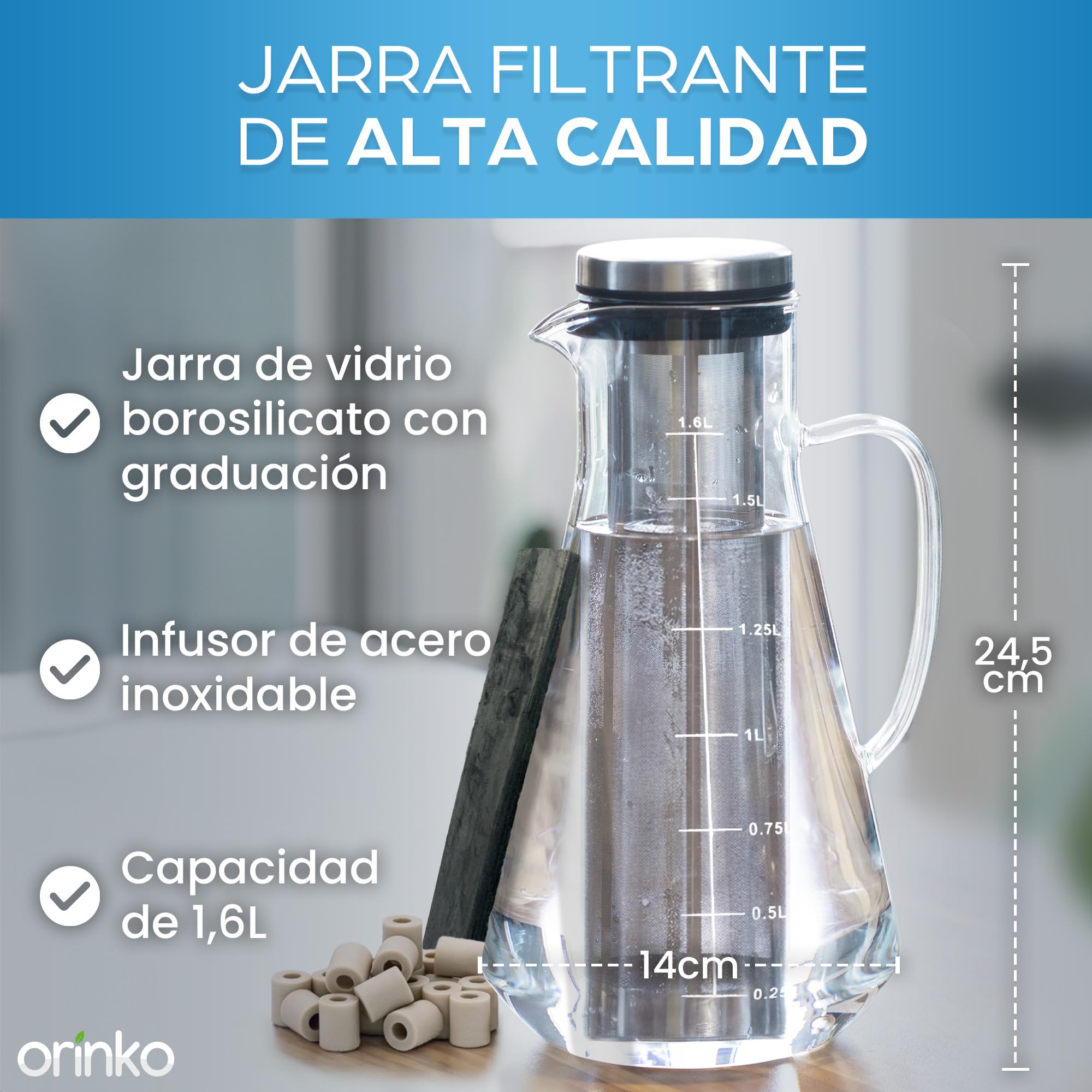 ORINKO Jarra filtrante de cristal 1,6 L + carbón Takesumi japonés x2 + perlas de cerámica EM® x15 - carbón activado vegetal para purificación natural agua - filtración natural potente 2,5 L/bastón