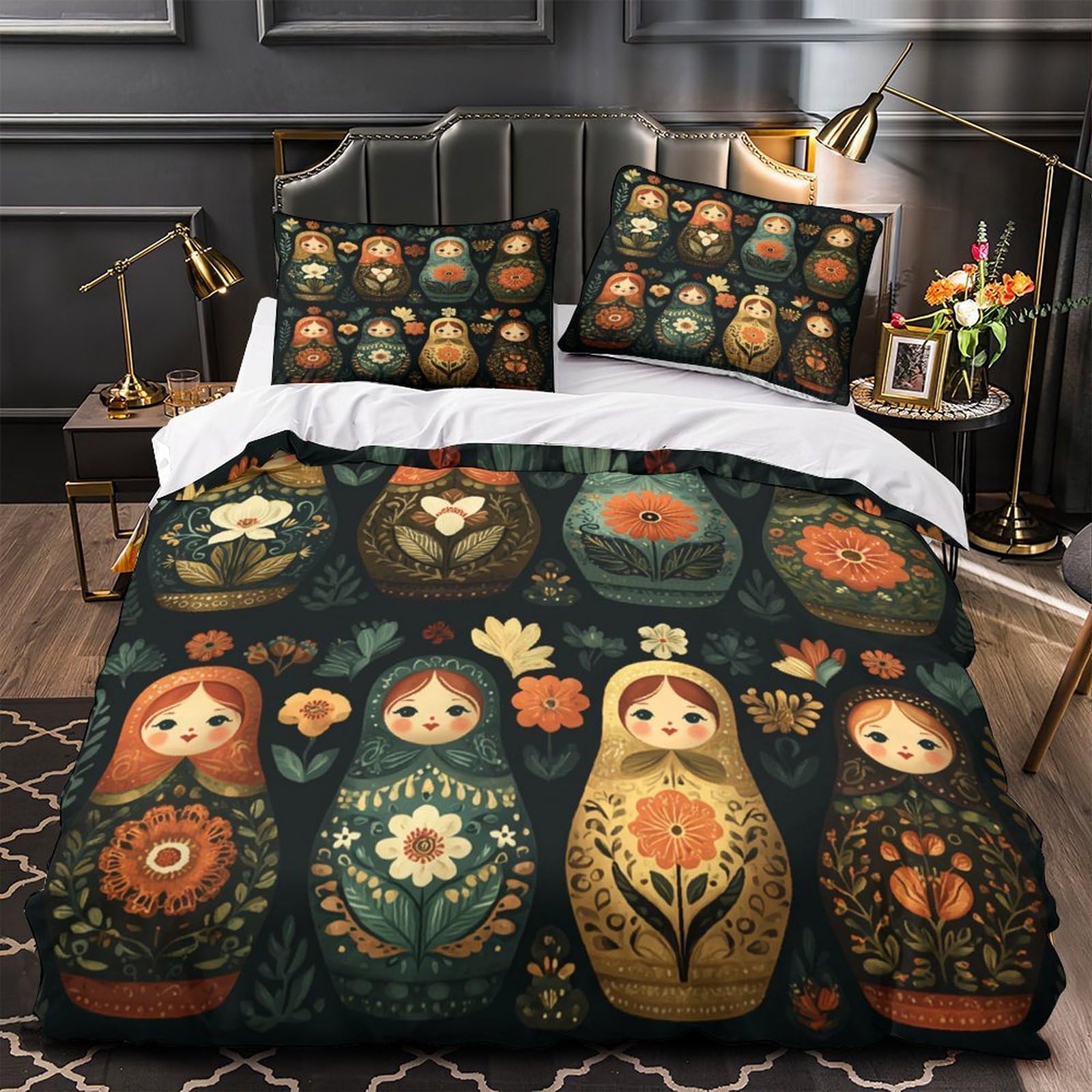 Poupées Russes 3D housse de couette microfibre déco chambre d'adulte drap lit 260x220cm