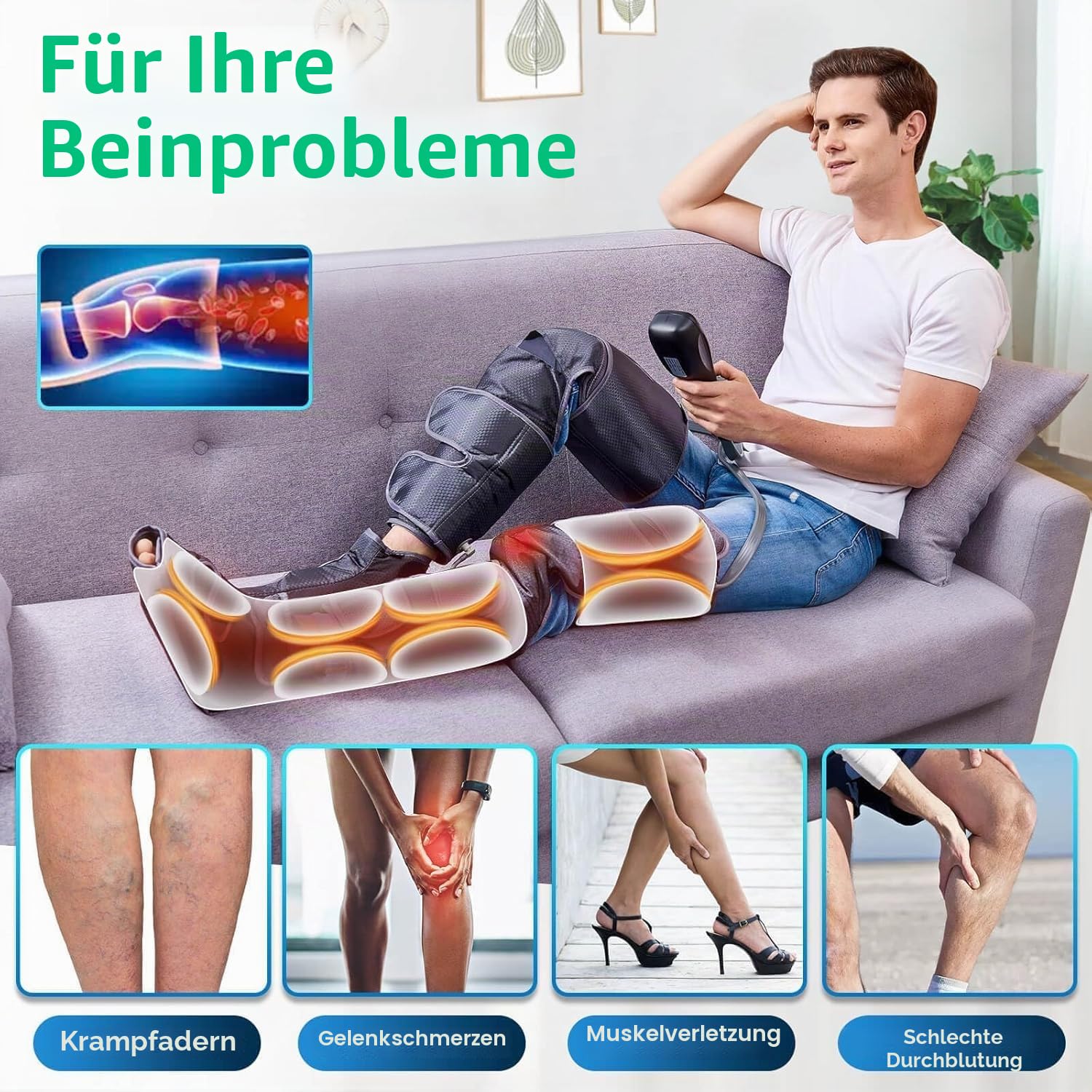 Beinmassagegerät mit Wärme für die Durchblutung, Luftkompressions-Fuß-, Waden-, Oberschenkel-Knie-Massagegerät zur Schmerzlinderung, 4 Modi, 4 Intensitäten, 2 Wärmestufen, 10 * 2 Airbags