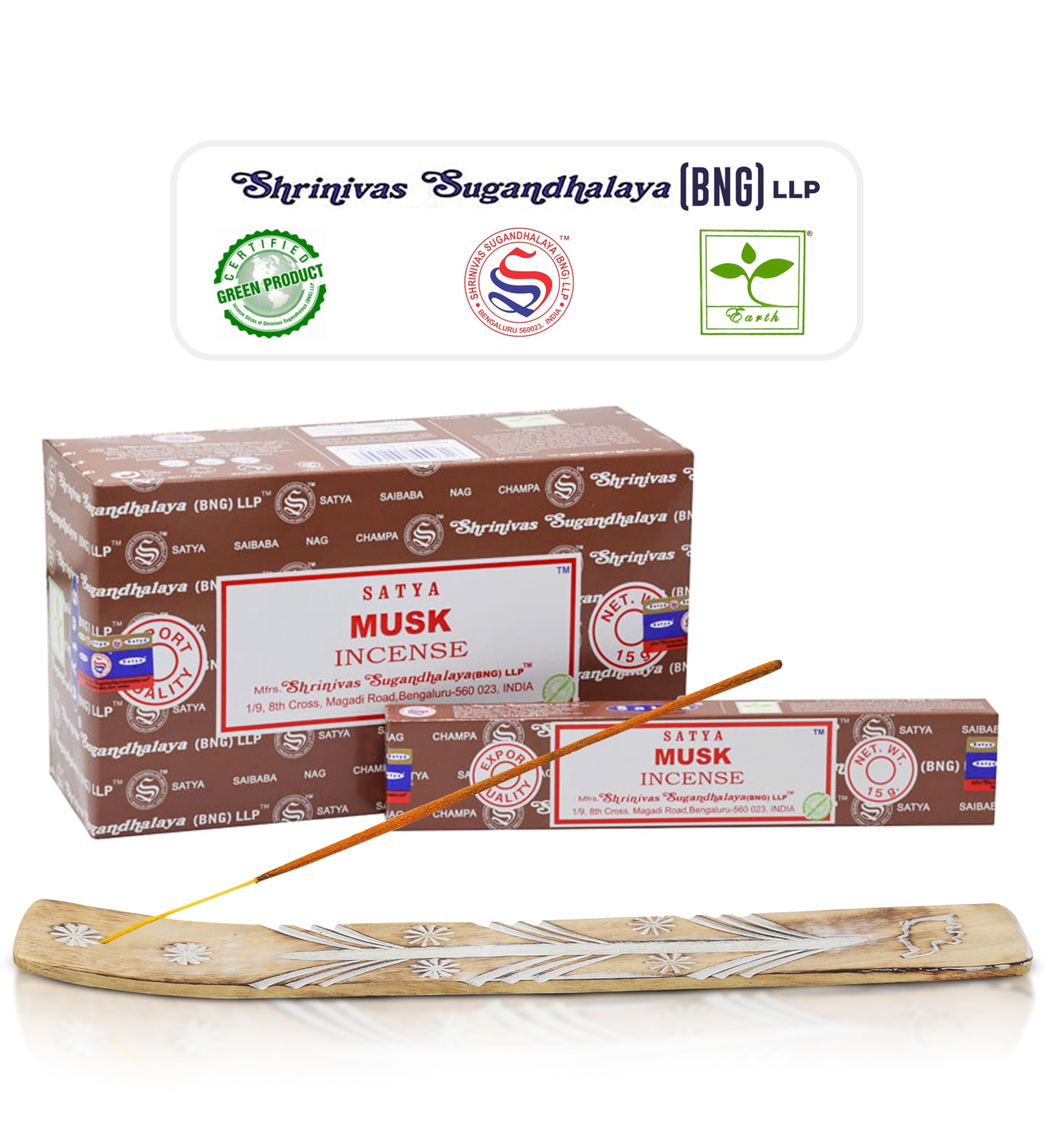 Satya Musk Incense Sticks, Satya Bng Insenses 15gmx12 Pack with Raajsee Incense Holder Bundle, Satya Nagchampa Natural Incense