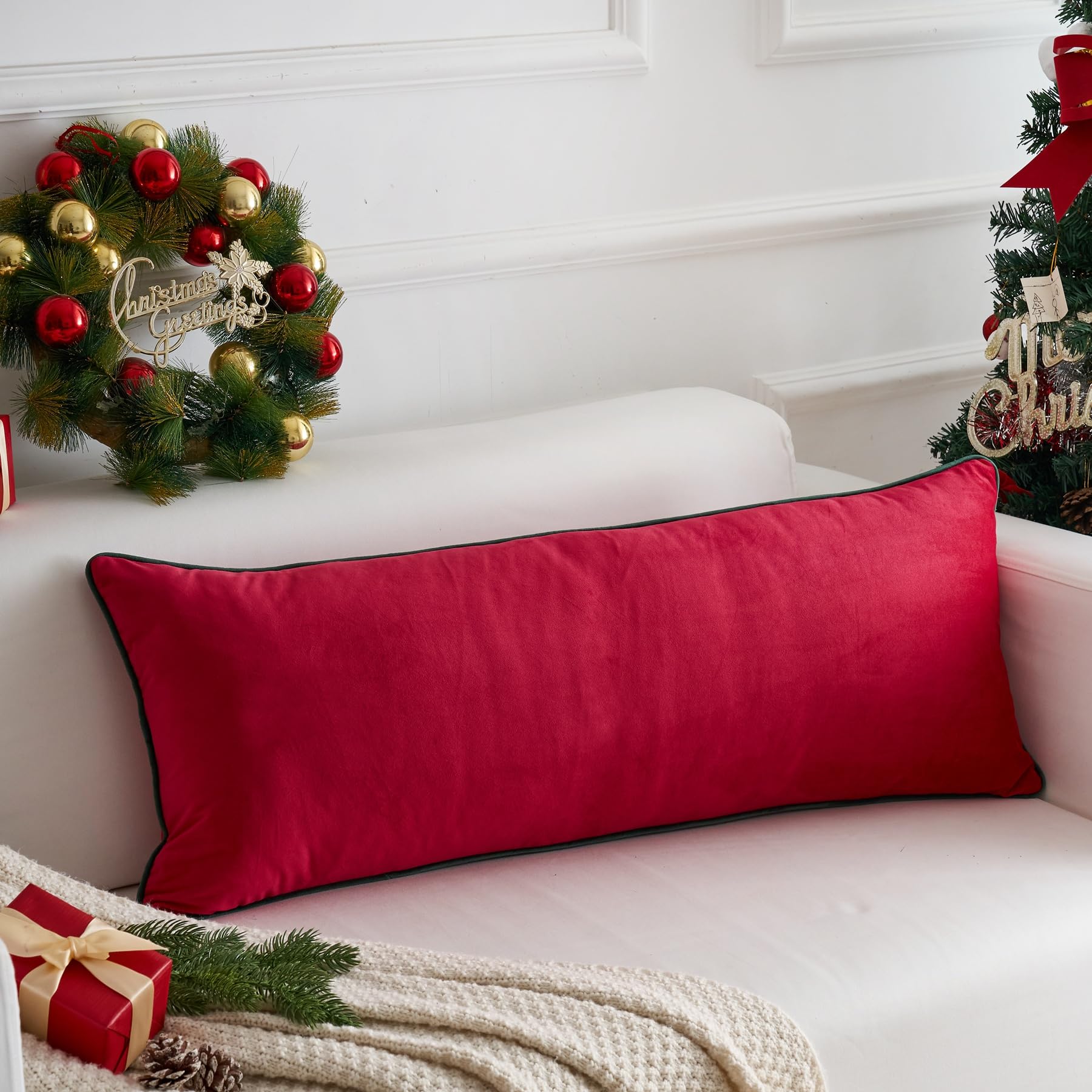 Housse de coussin lombaire Noël velours 35,6 x 91,4 cm rouge vert foncé LIGICKY