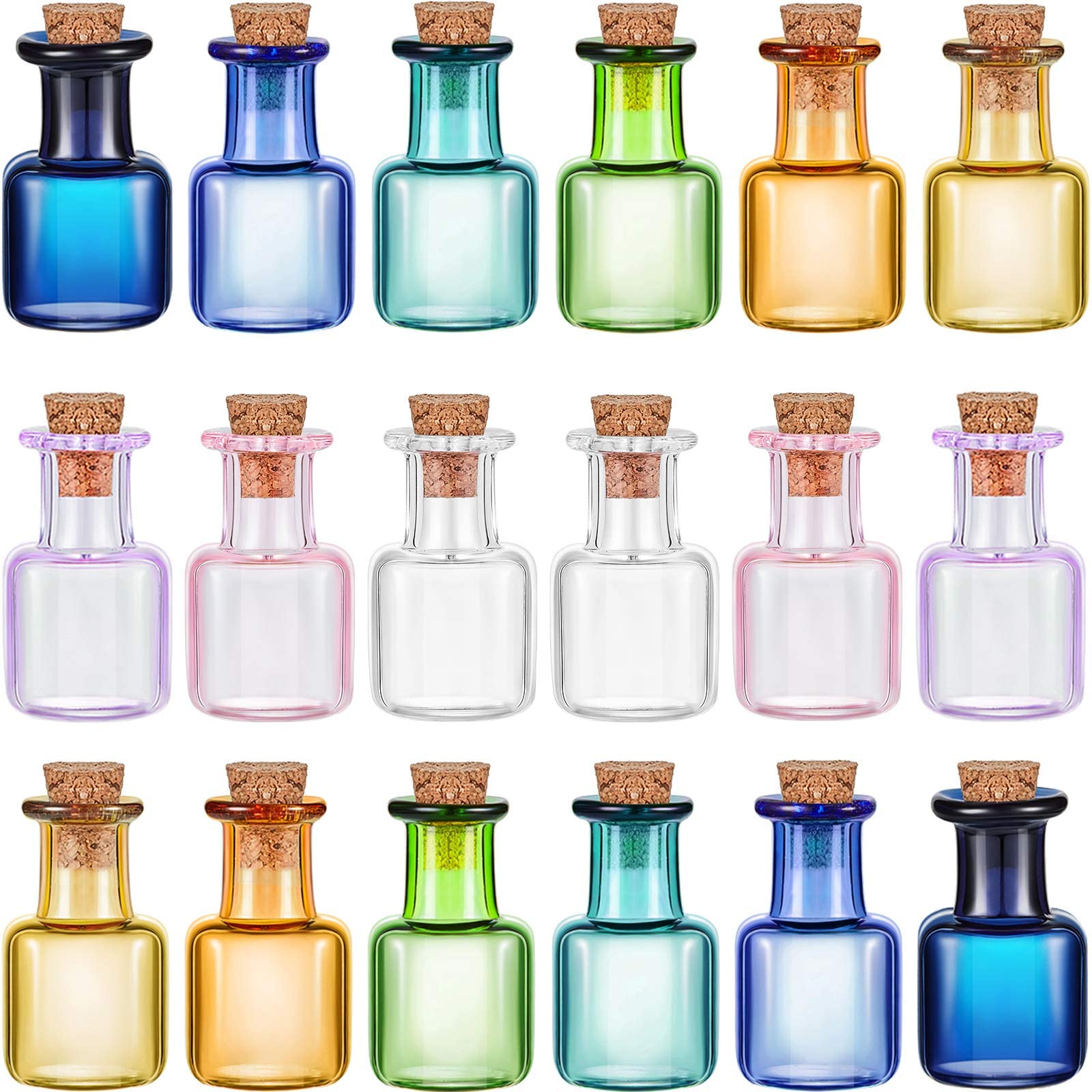 KASTWAVE Colored Tiny Glass Jars, Spell Jars, Mini Glass Bottles, Mini Potion Bottles with Cork Stoppers Mini Square Glass Cork Bottles for Party Wedding DIY Crafts Decoration 18 Pieces