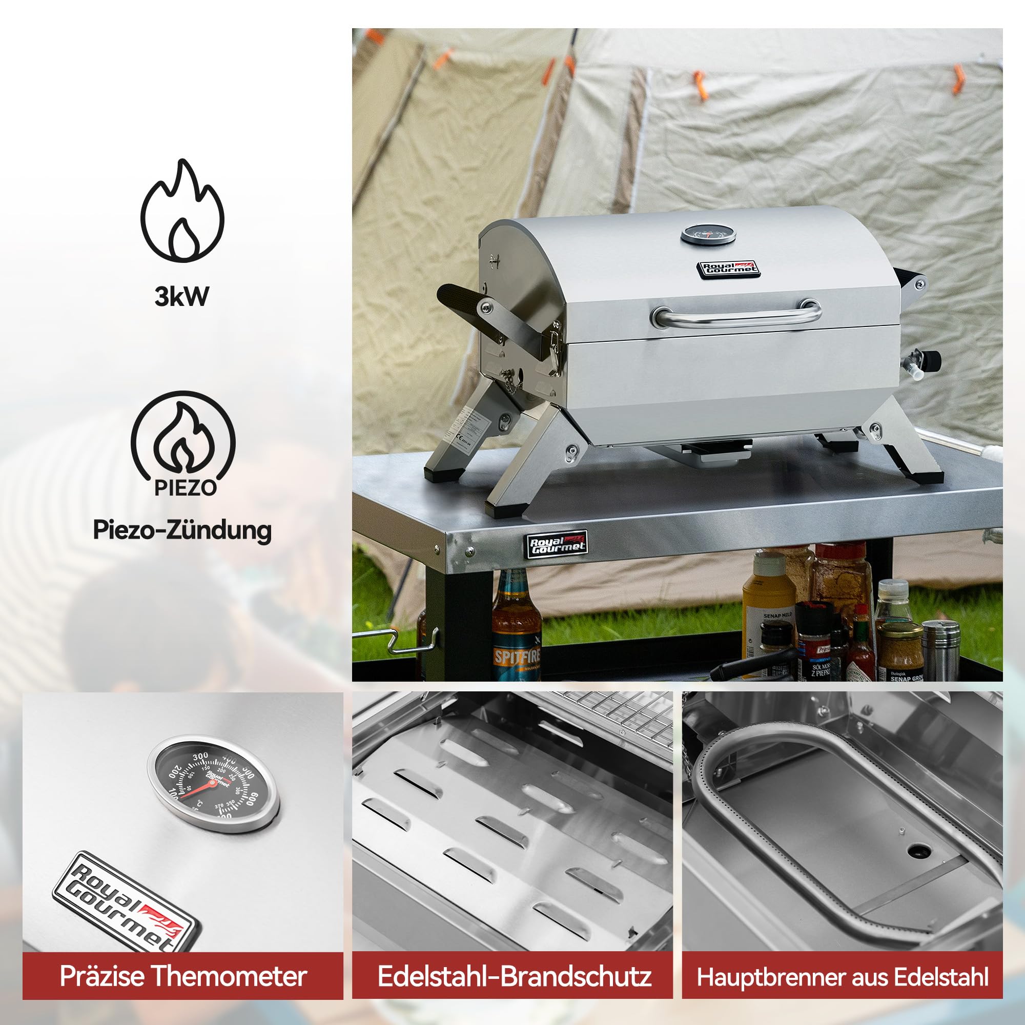 Royal Gourmet Edelstahl Tragbarer Gasgrill, Compact Tischgrill mit Zwei Griffen und Reiseschlössern, Klappbaren Beinen, 3 kW BBQ Campinggrill für Balkon, Picknick Silber