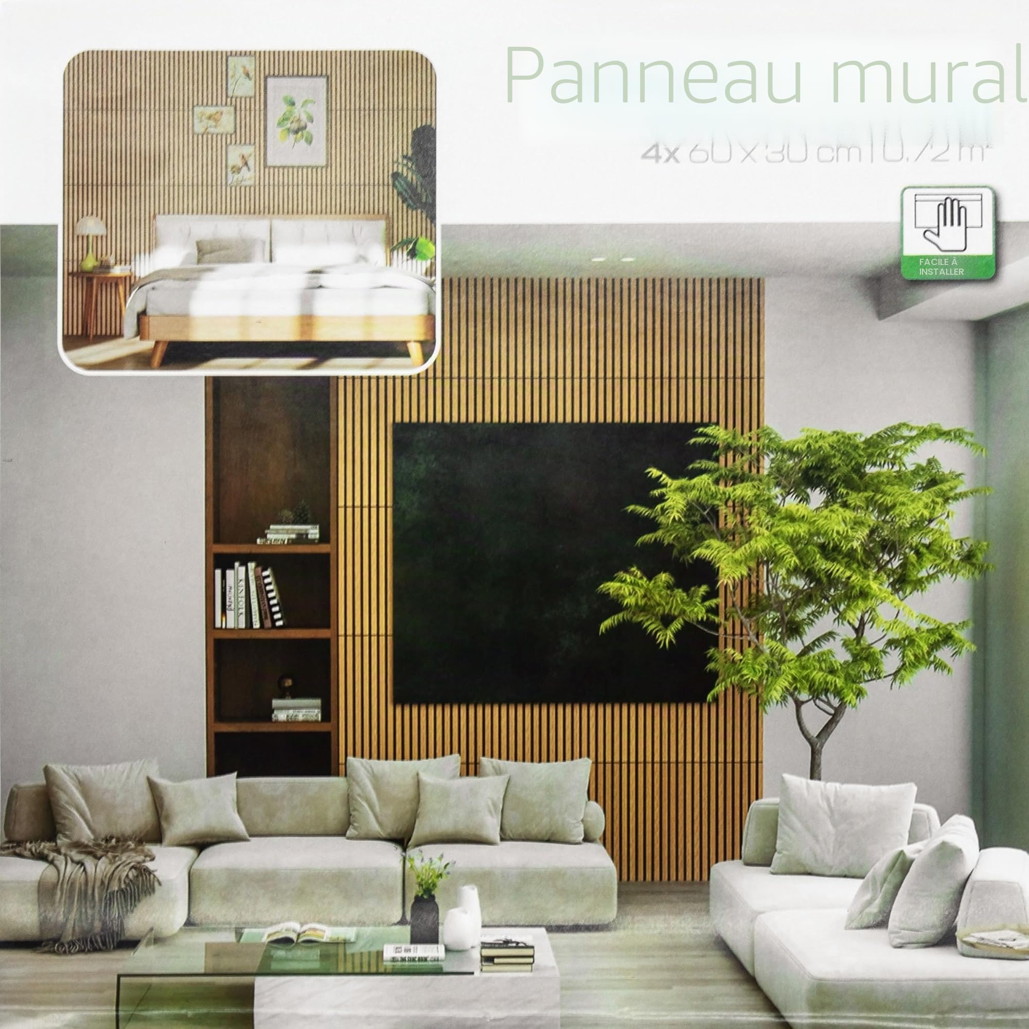 Lot de 4 panneaux acoustiques, aspect bois, 60 x 30 cm, absorbeur de bruit, décoratifs, isolation phonique, panneaux muraux pour 0,72 m², panneaux muraux, revêtement mural, isolation acoustique