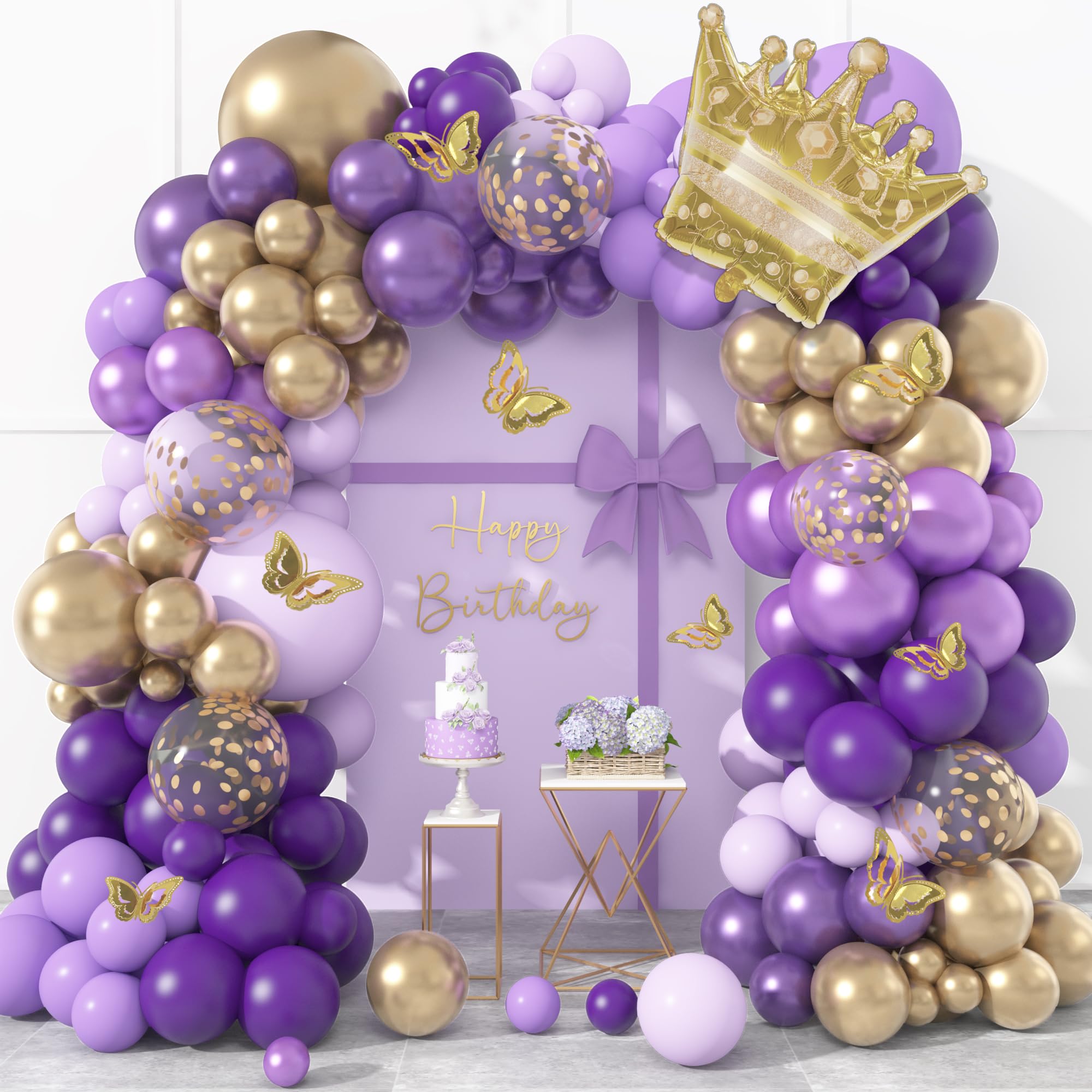 150Pcs Purple Balloon Garland Arch Kit, Butterfly Dark Purple Gold Lavender Metallic Light Pastel lilac Confetti Balloons for Girl Princess Butterfly Birthday Baby Shower Wedding Party Decorations
