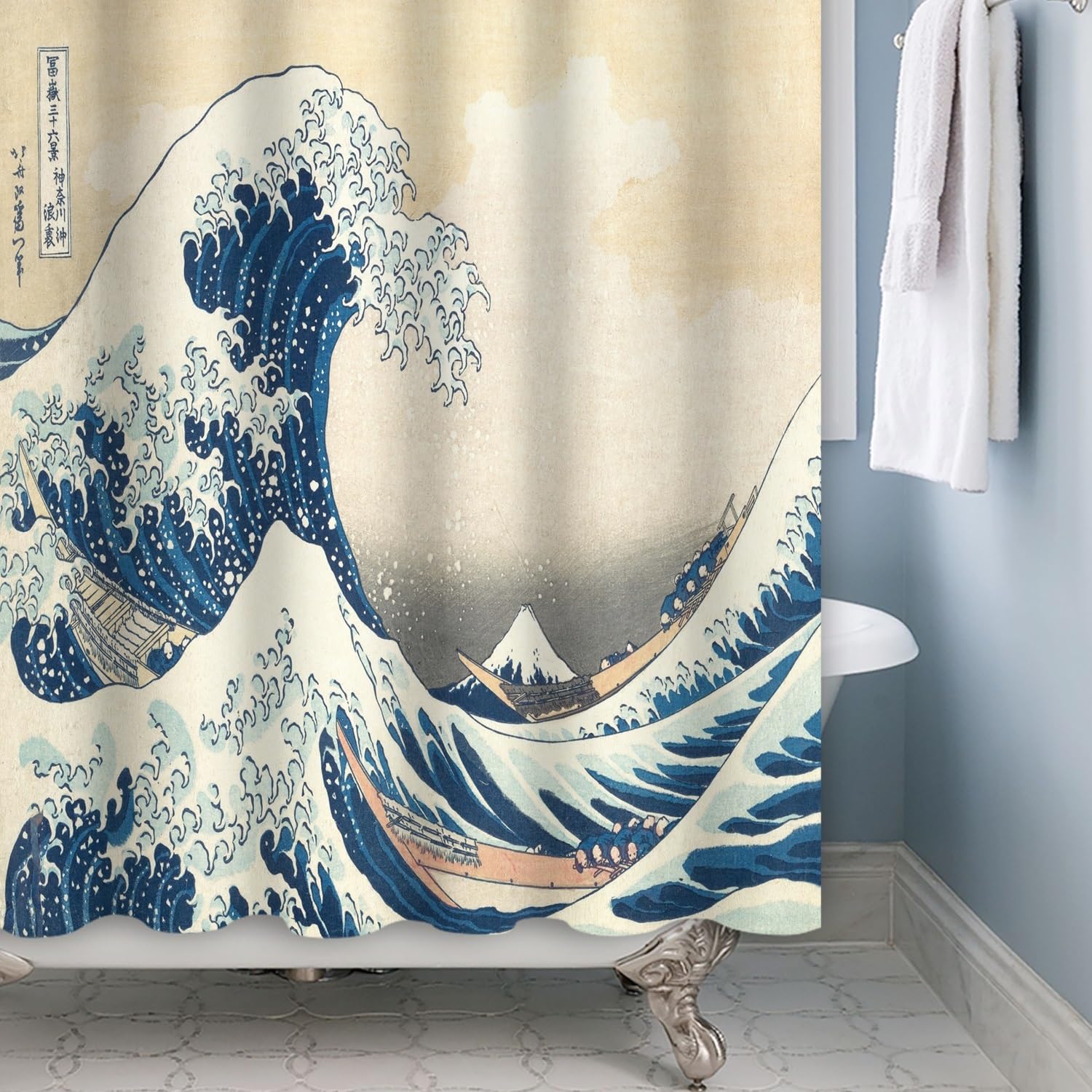 Xiaoterna Traditional Japanese Painting Shower Curtain Japanese Ocean Waves Bathroom Curtain Abstract Sea Wave Wooden Boat Shower Curtain Washable Waterproof Fabric Bathroom Decoration 150x200cm - Image 4