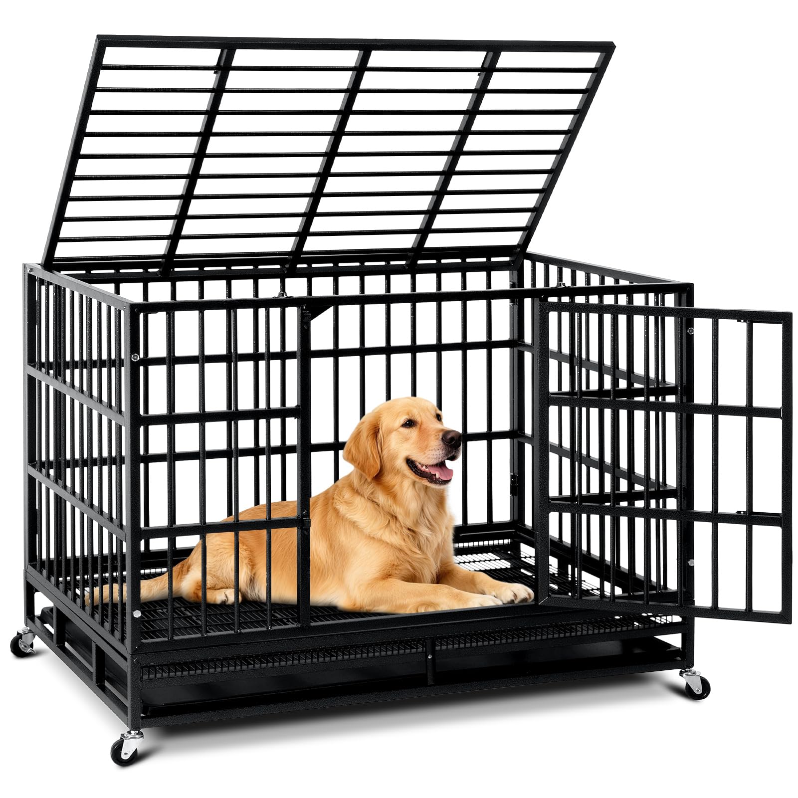 Oranland 48 Inch Heavy Duty Dog Crate and Escape-Proof Dog Cage, High Anxiety Indestructible, Sturdy Locks Design, Double Door and Removable Tray, Extra Large XL XXL